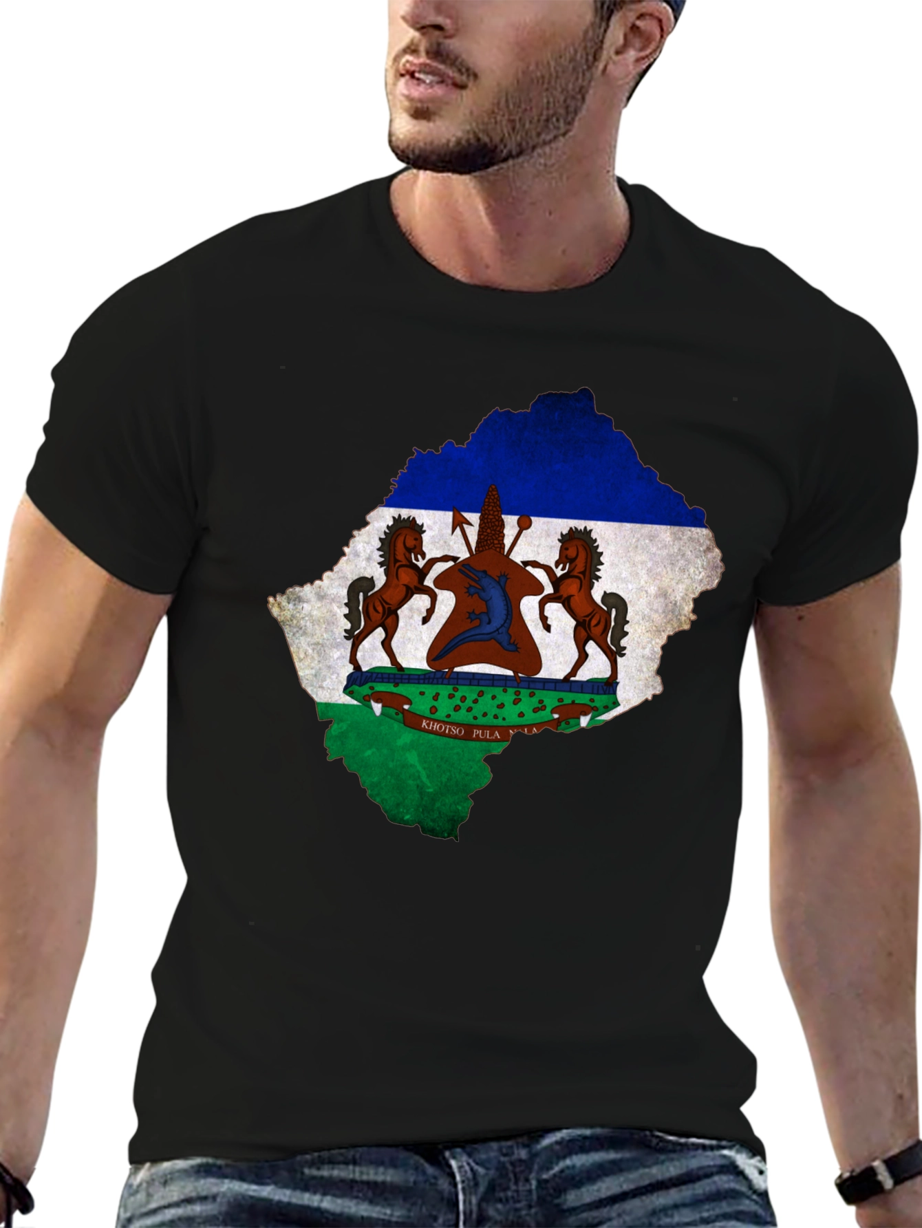 Lesotho Flag Map T-Shirt Black Cotton Tee