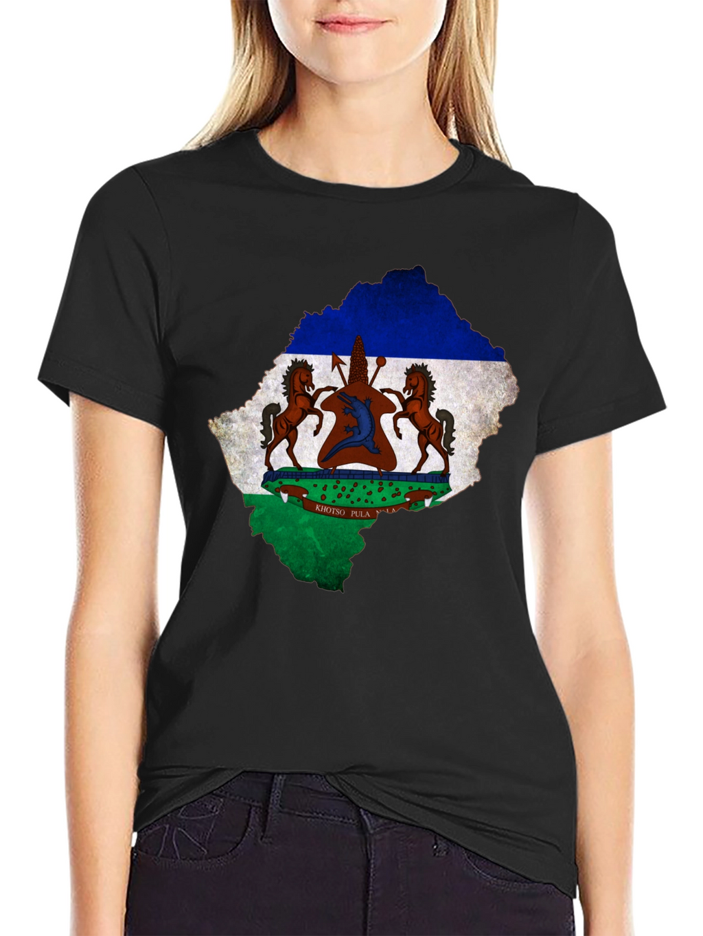 Lesotho Flag Map T-Shirt Black Cotton Tee