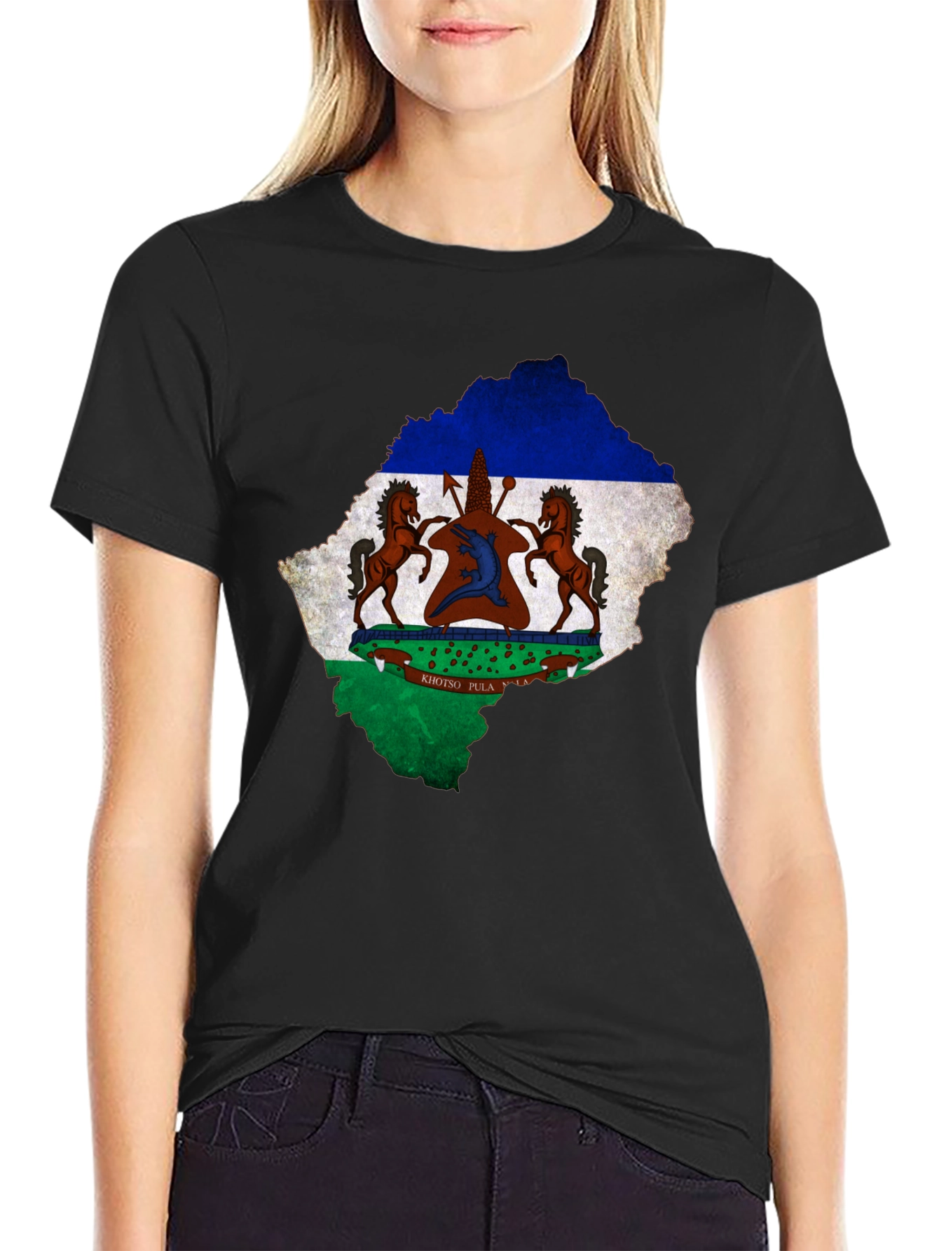Lesotho Flag Map T-Shirt Black Cotton Tee