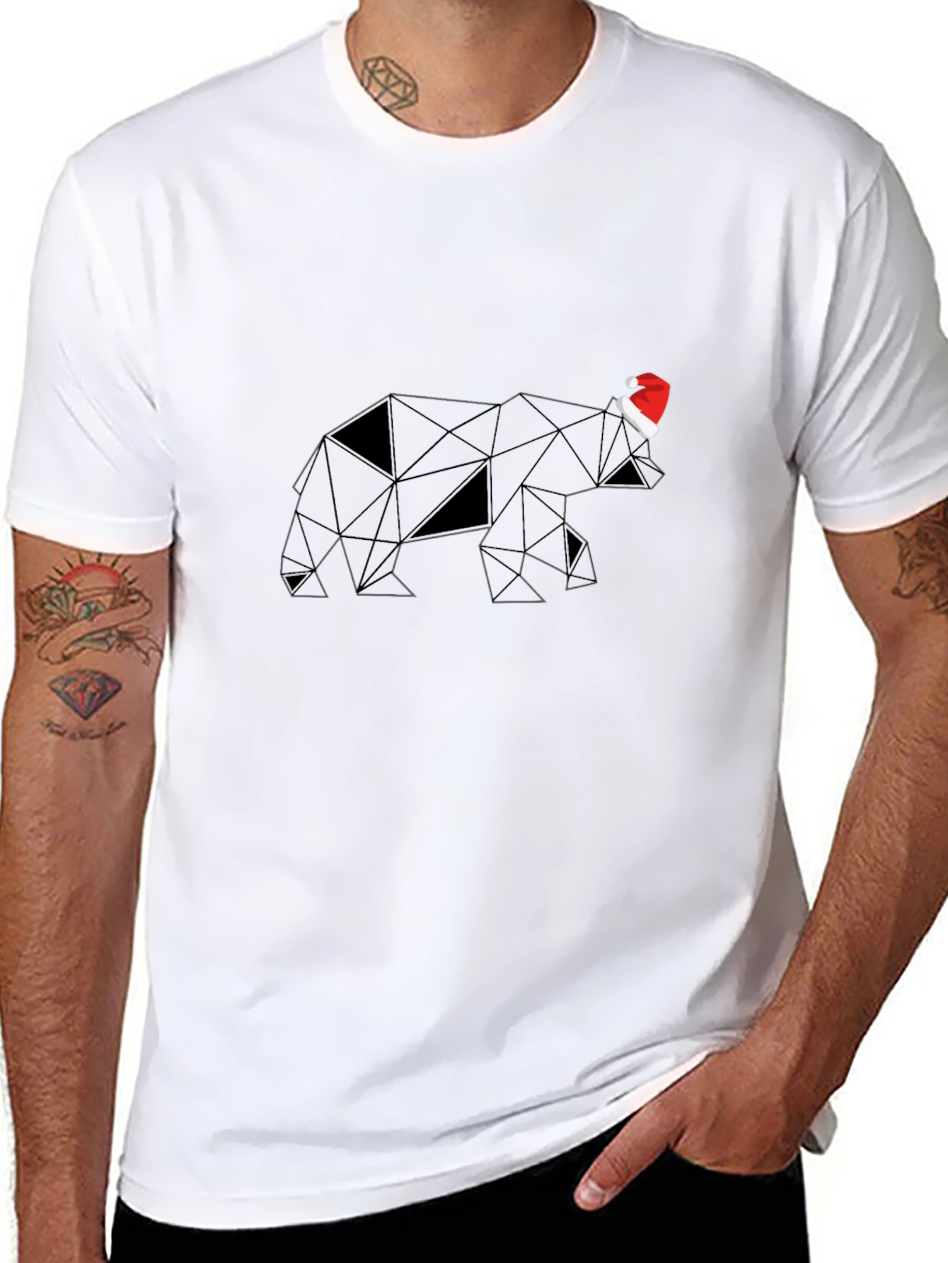 Geometric Bear with Santa Hat T-Shirt