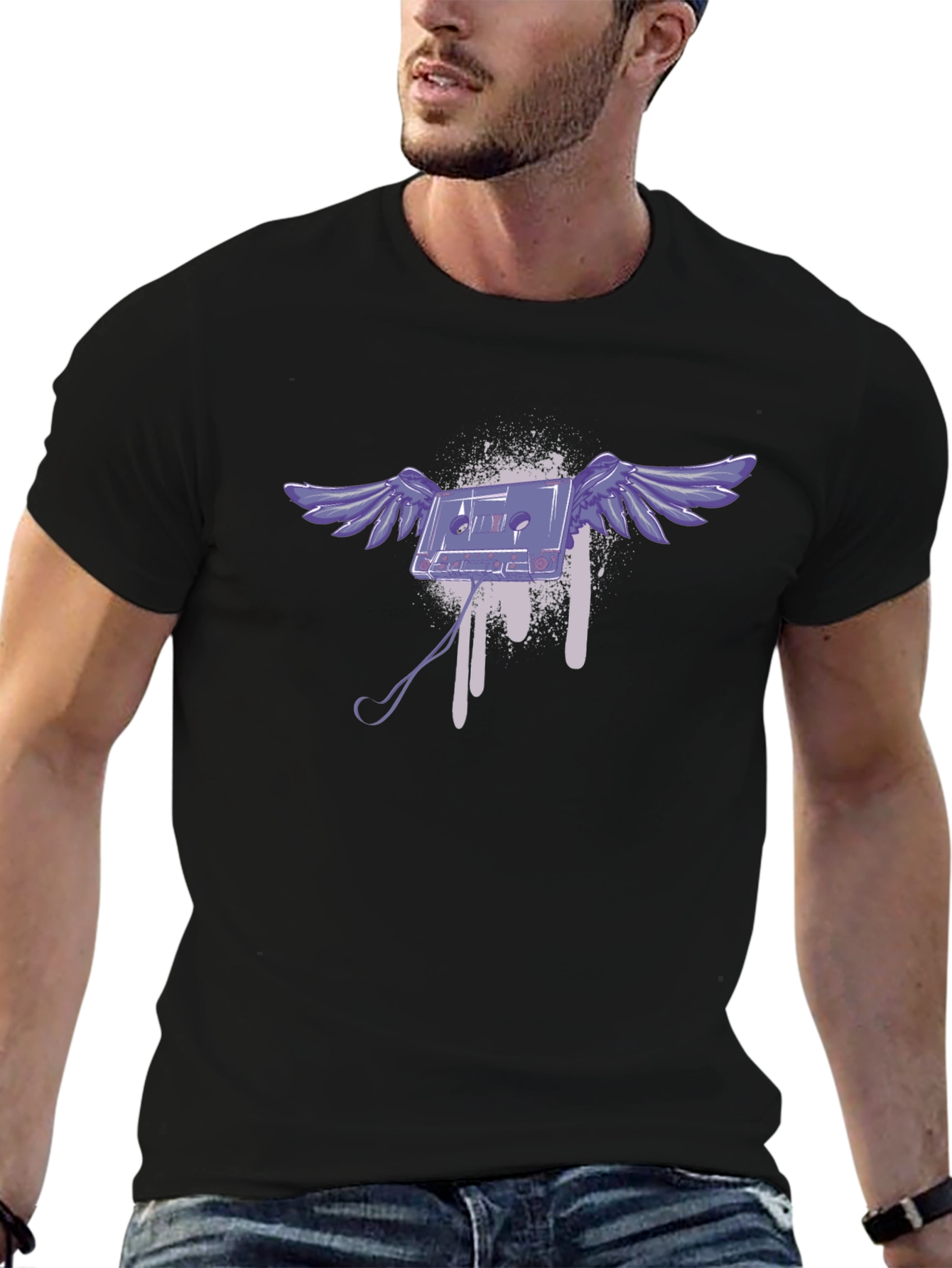 Flying Cassette Tape Graphic T-Shirt - Black