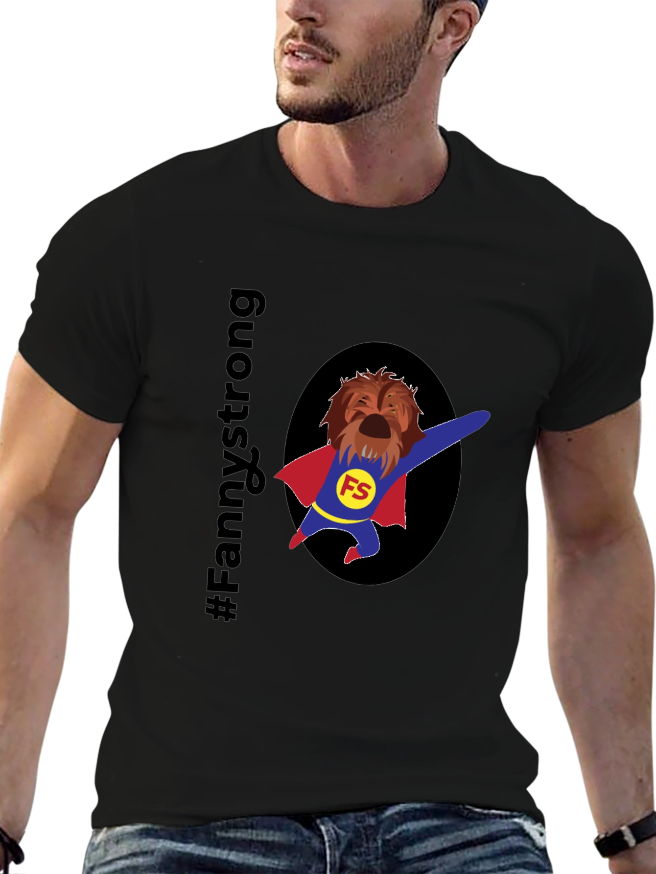 Fannystrong Dog Superhero T-Shirt - Black Cotton Tee