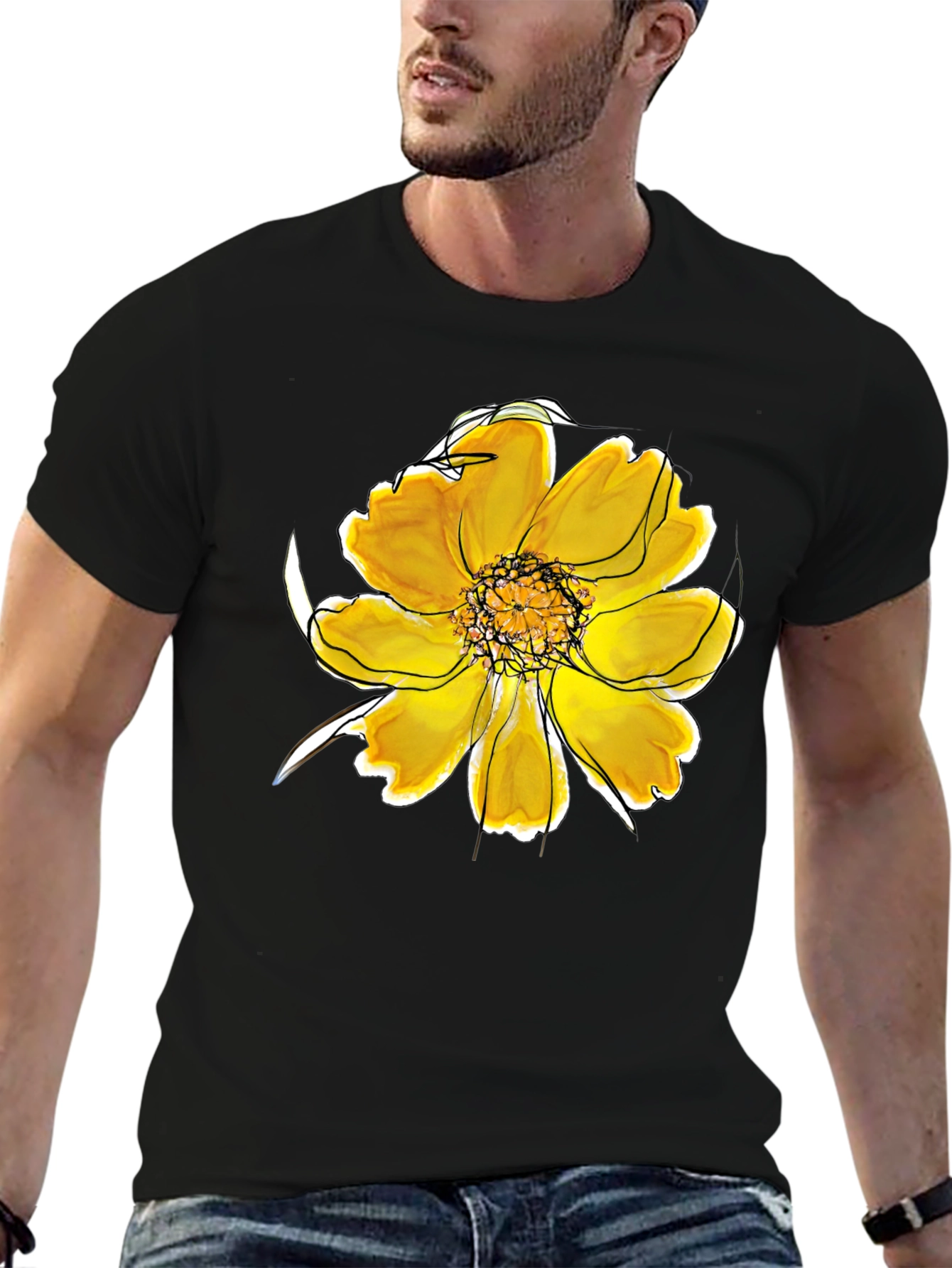 Black T-Shirt with Floral Design