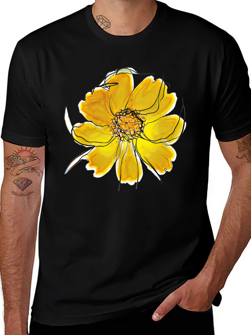 Black T-Shirt with Floral Design