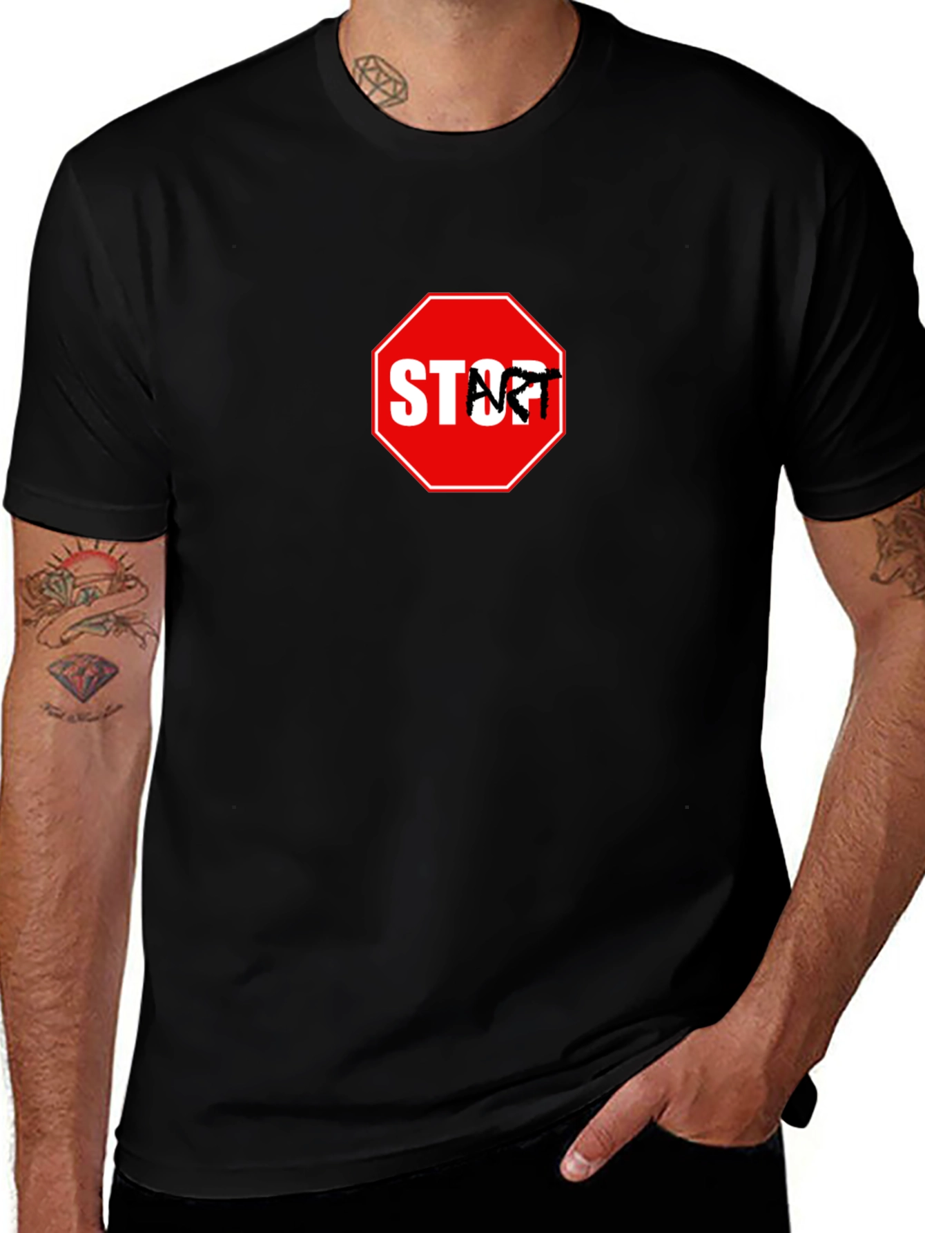 Start Graphic Tee - Black Cotton Crew Neck Casual Style