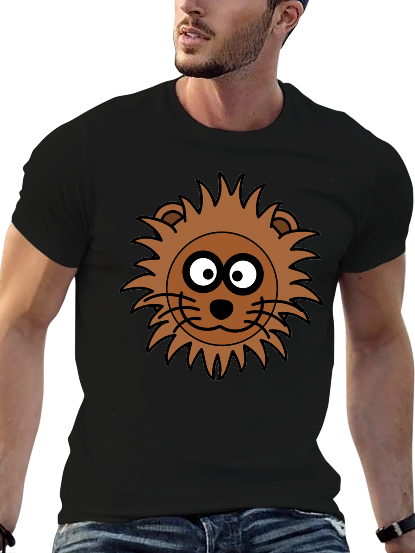 Lion Face Graphic Tee - Black Crew Neck T-Shirt