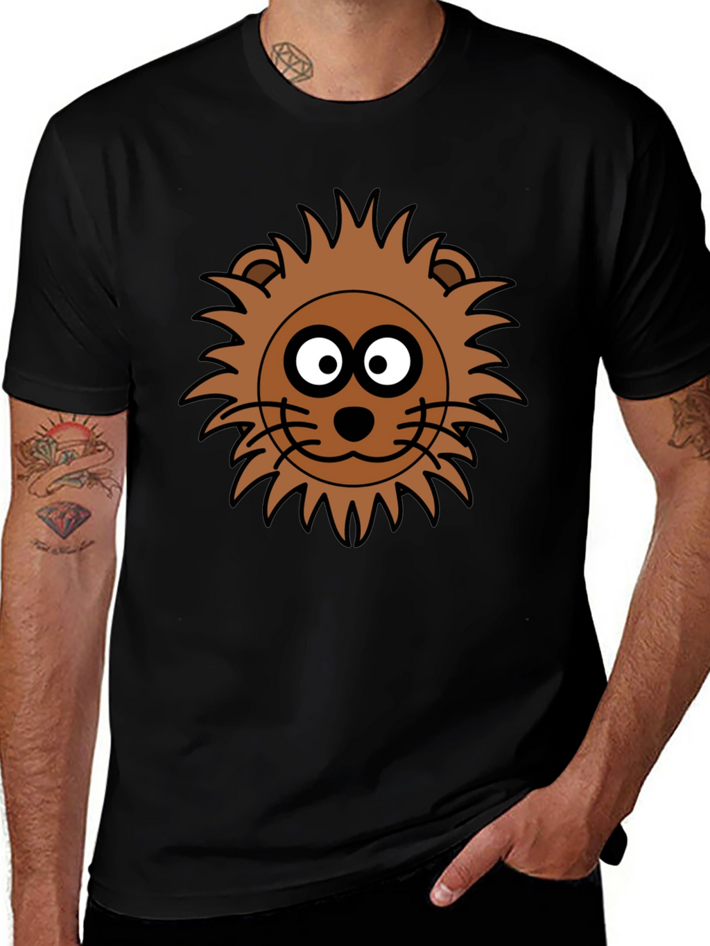 Lion Face Graphic Tee - Black Crew Neck T-Shirt