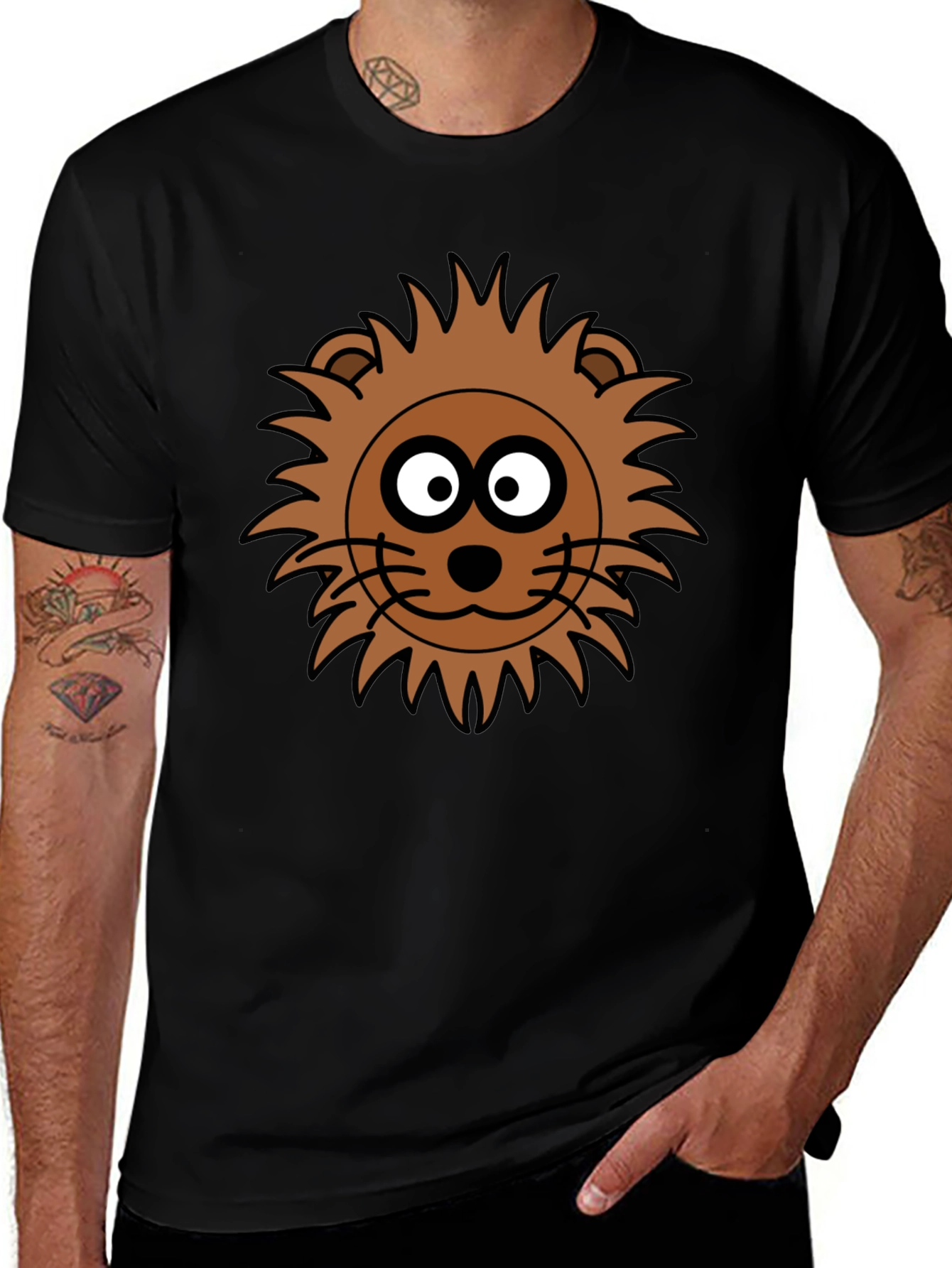 Lion Face Graphic Tee - Black Crew Neck T-Shirt