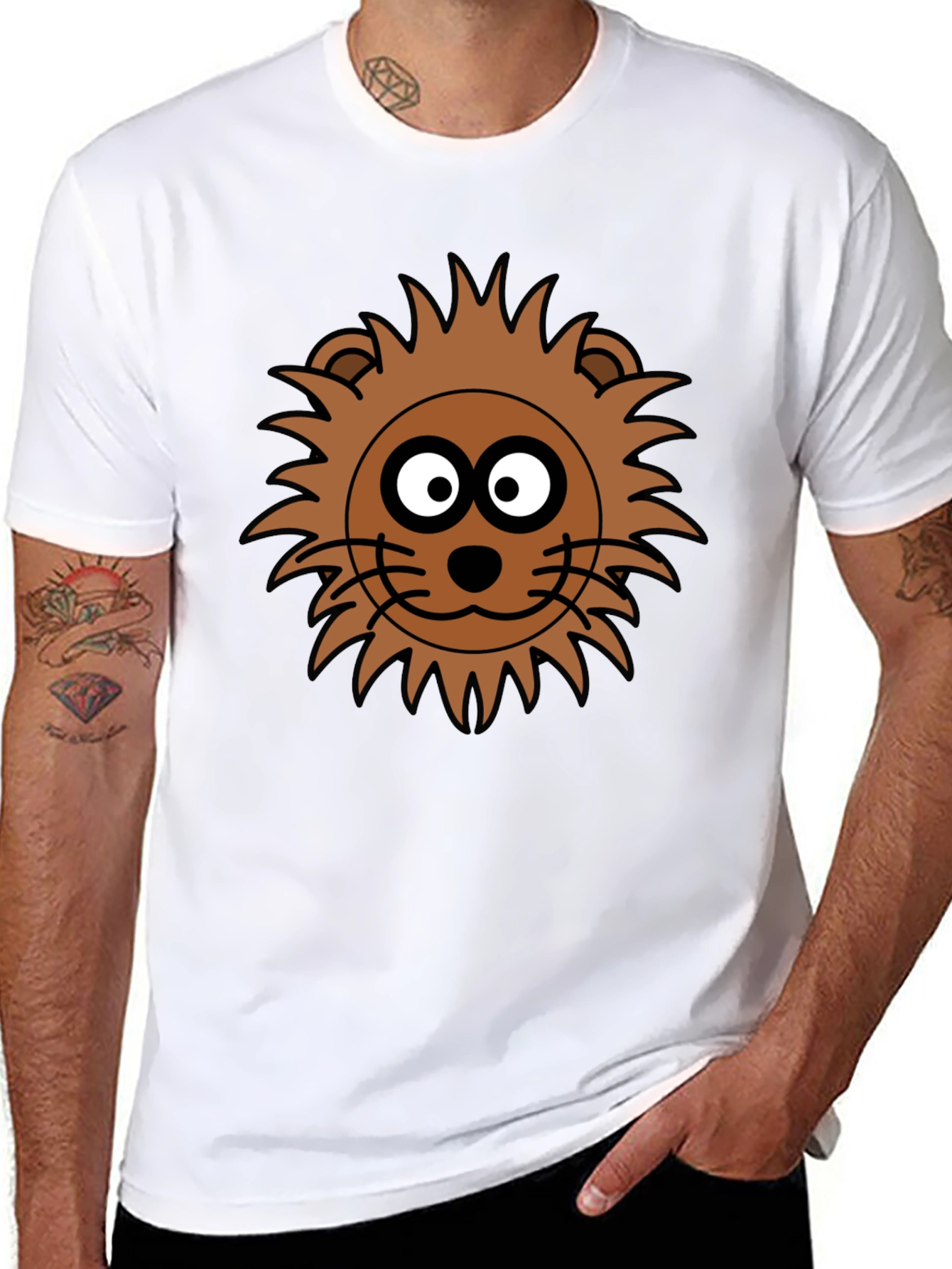 Lion Face Graphic Tee - Black Crew Neck T-Shirt