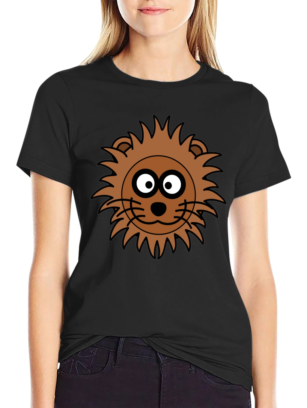 Lion Face Graphic Tee - Black Crew Neck T-Shirt
