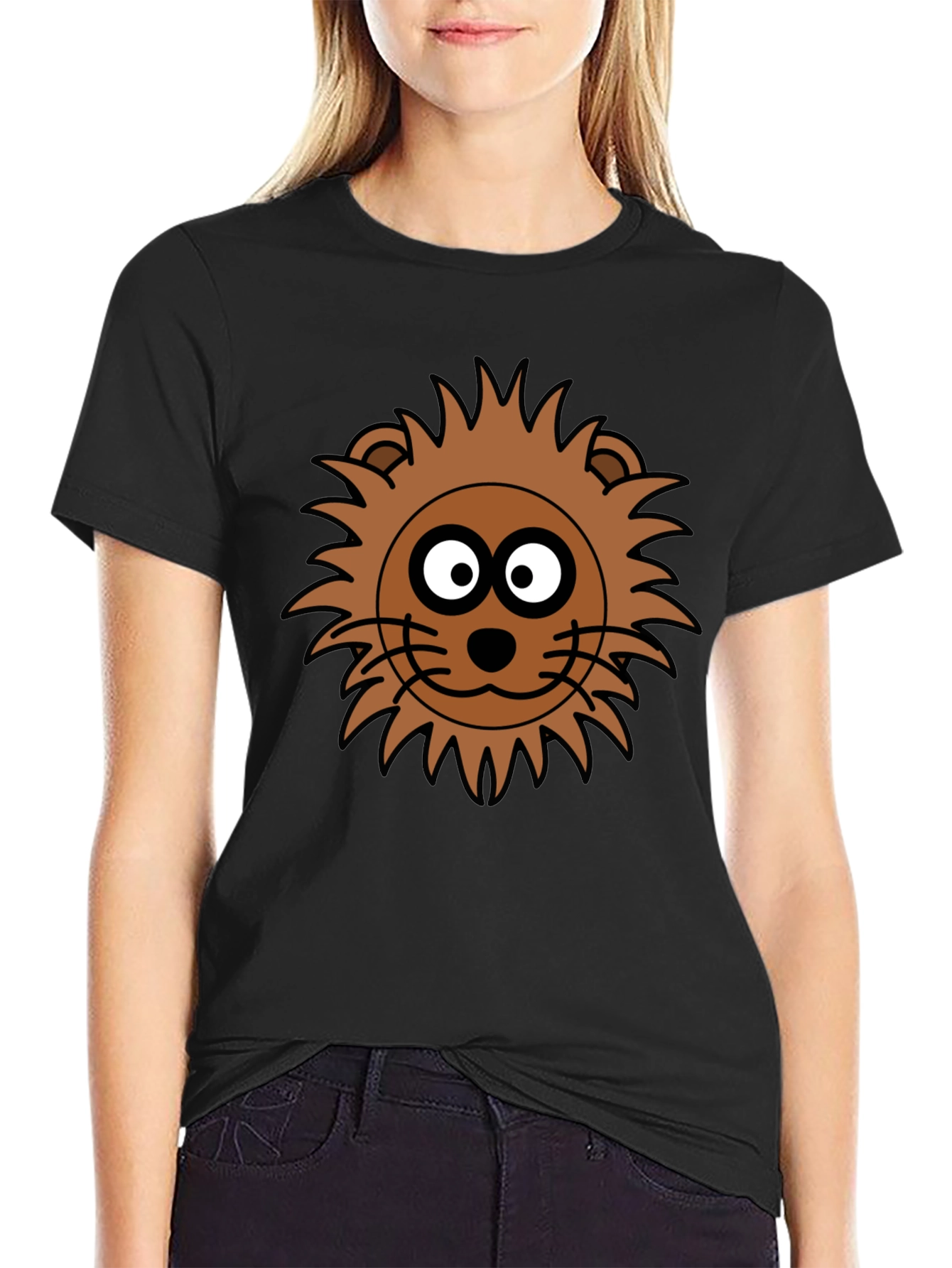 Lion Face Graphic Tee - Black Crew Neck T-Shirt