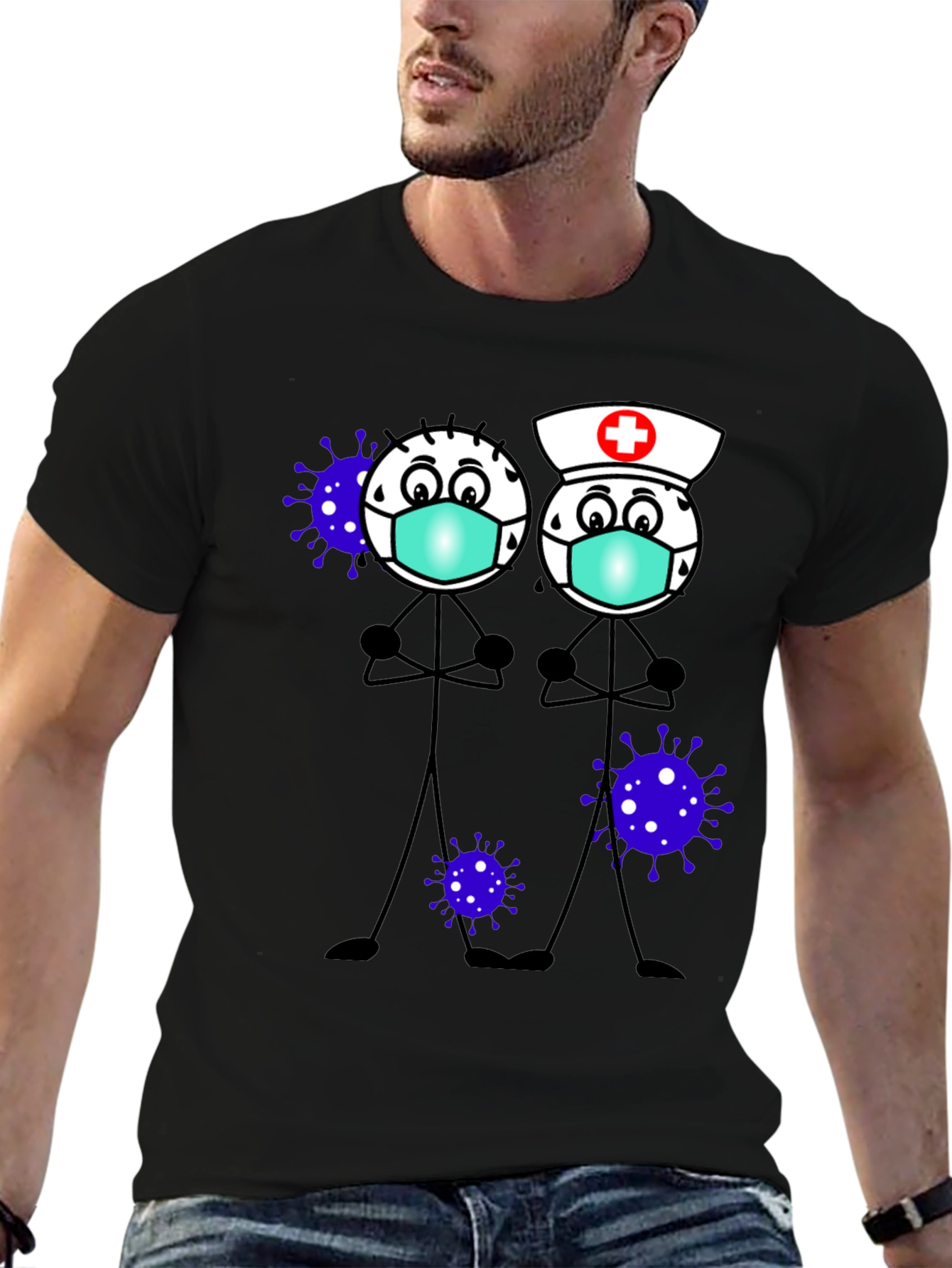 Cartoon Stick Figures with Mask T-Shirt