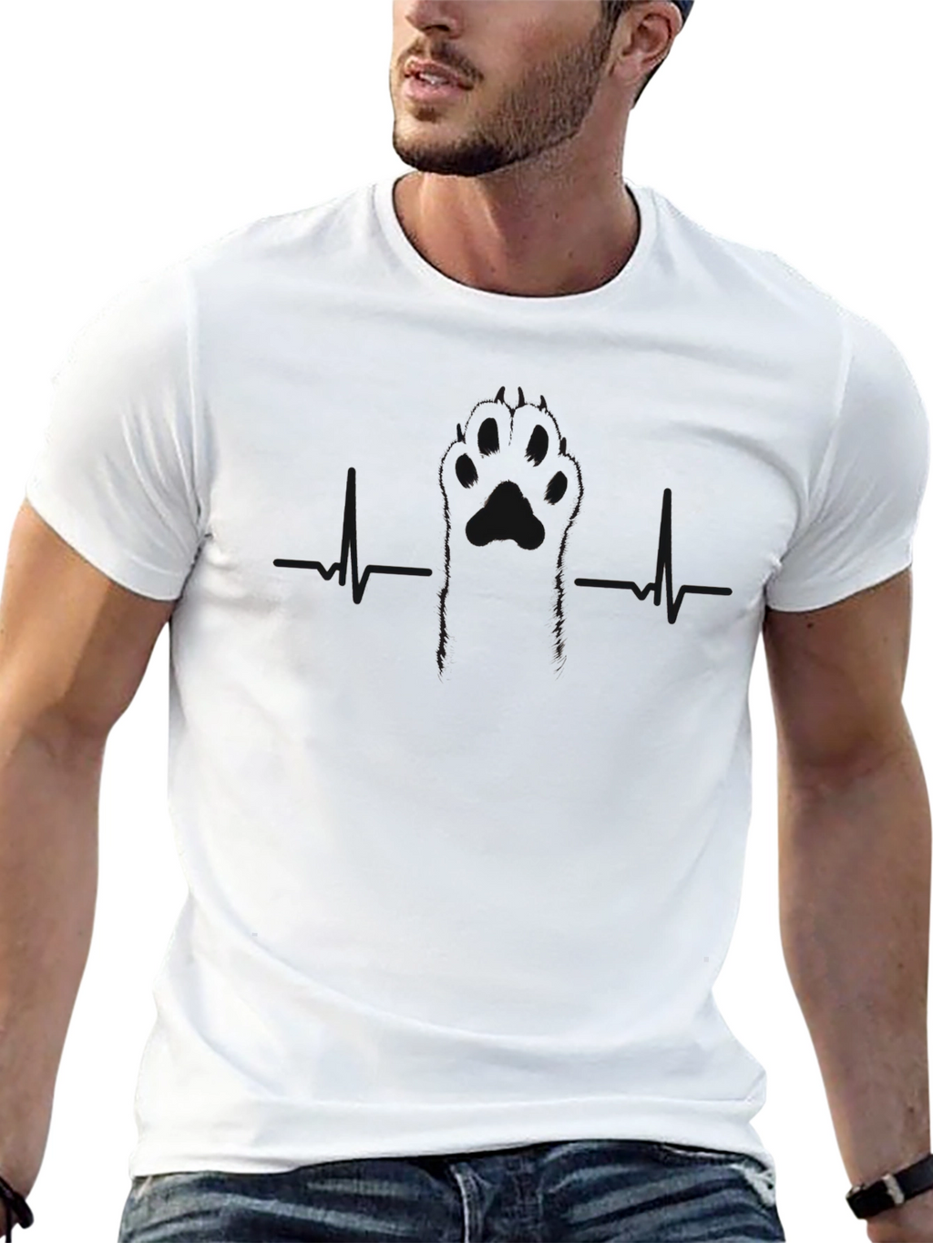 Mens Black Paw Print Heartbeat T-Shirt