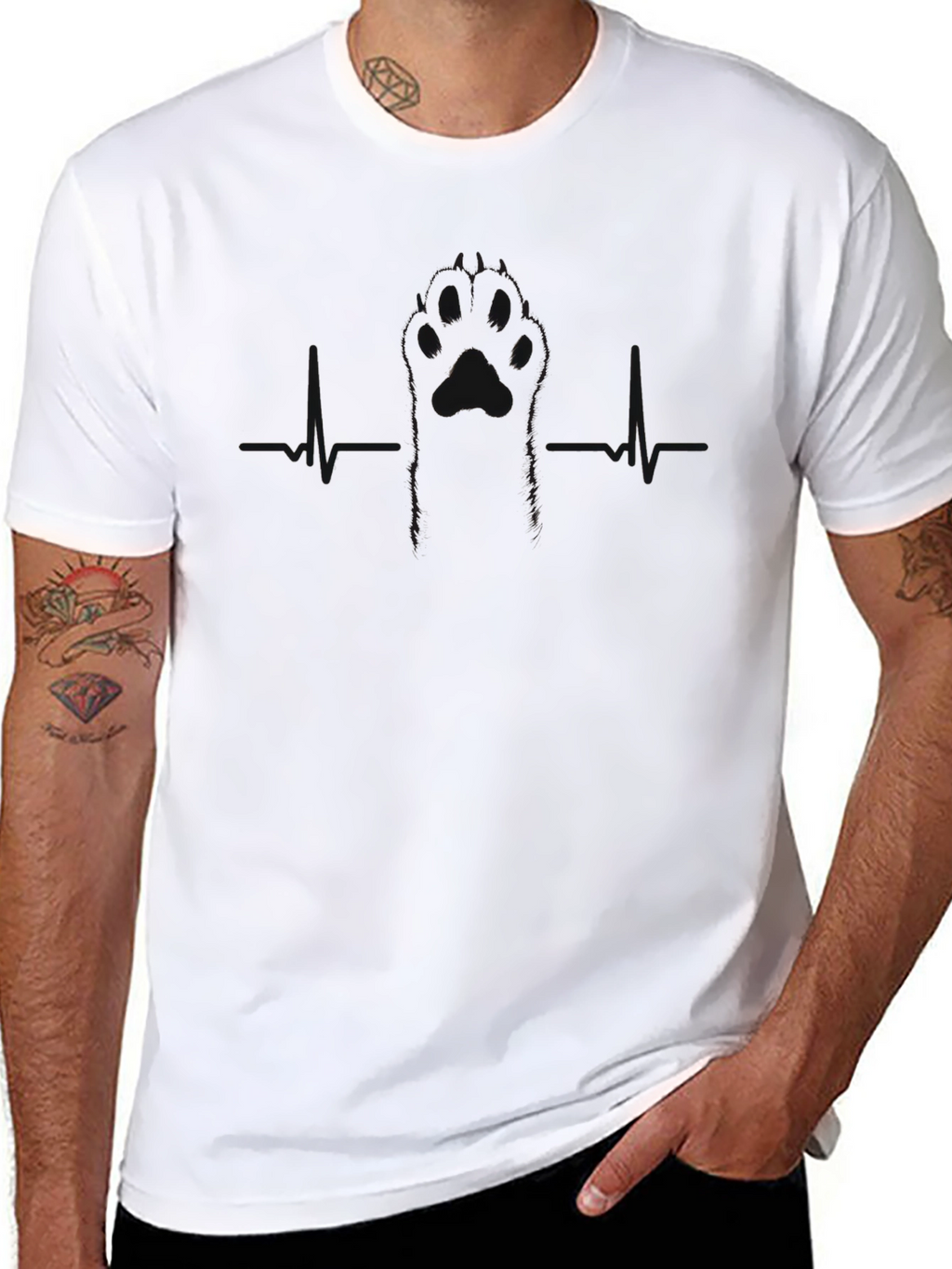 Mens Black Paw Print Heartbeat T-Shirt