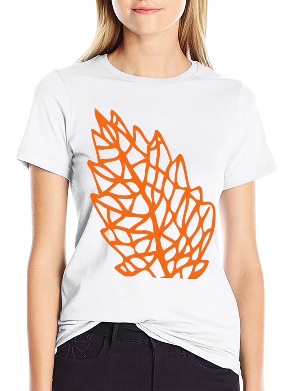 Geometric Orange Leaf Graphic Black T-Shirt