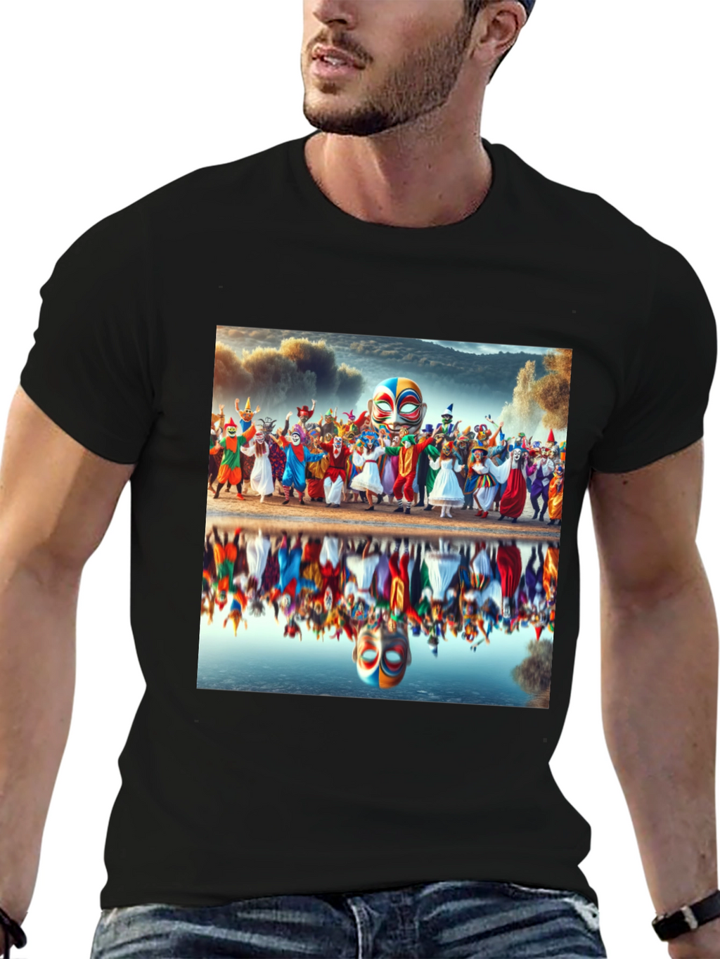 Carnival Reflection Graphic Tee - Stylish Black T-Shirt