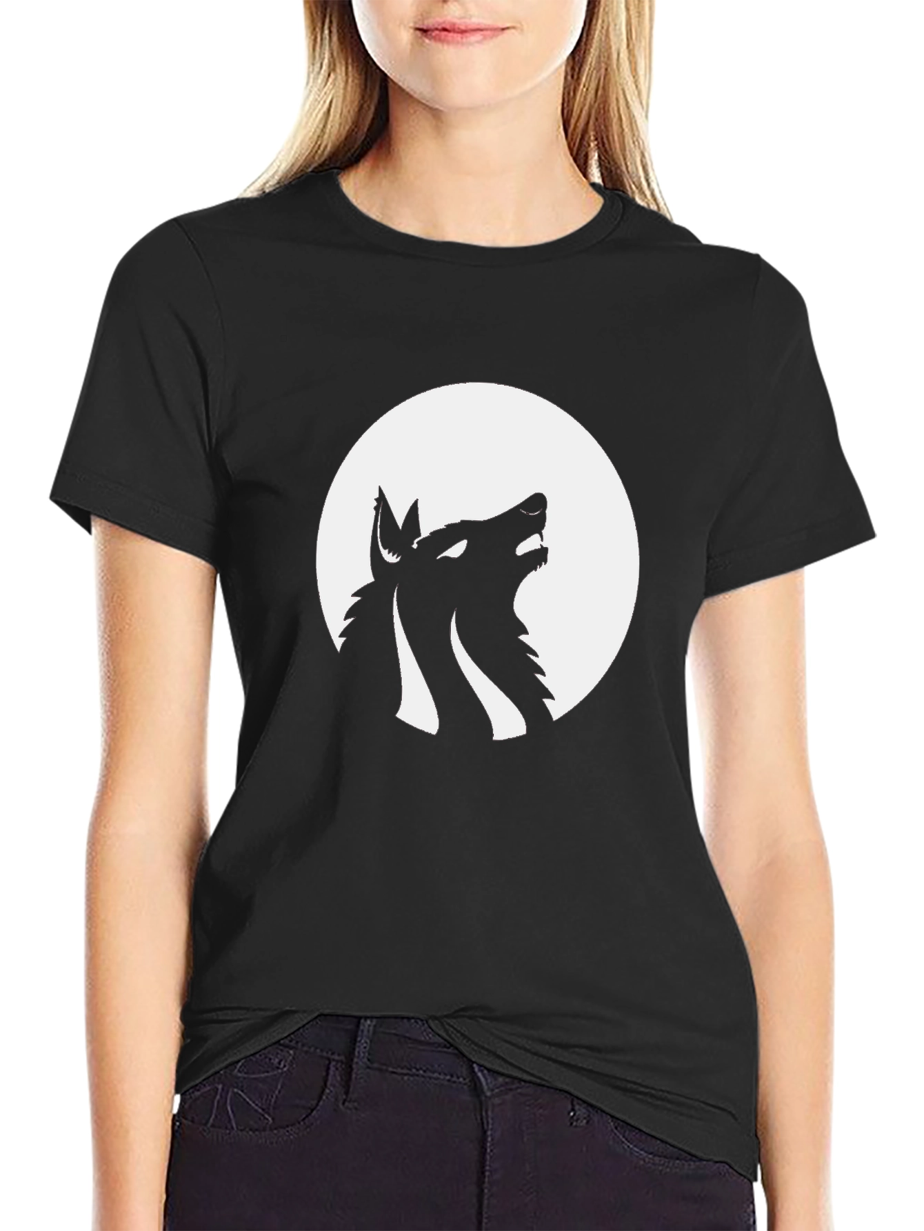 Wolf Howling at Moon Graphic Tee - Black Cotton Blend