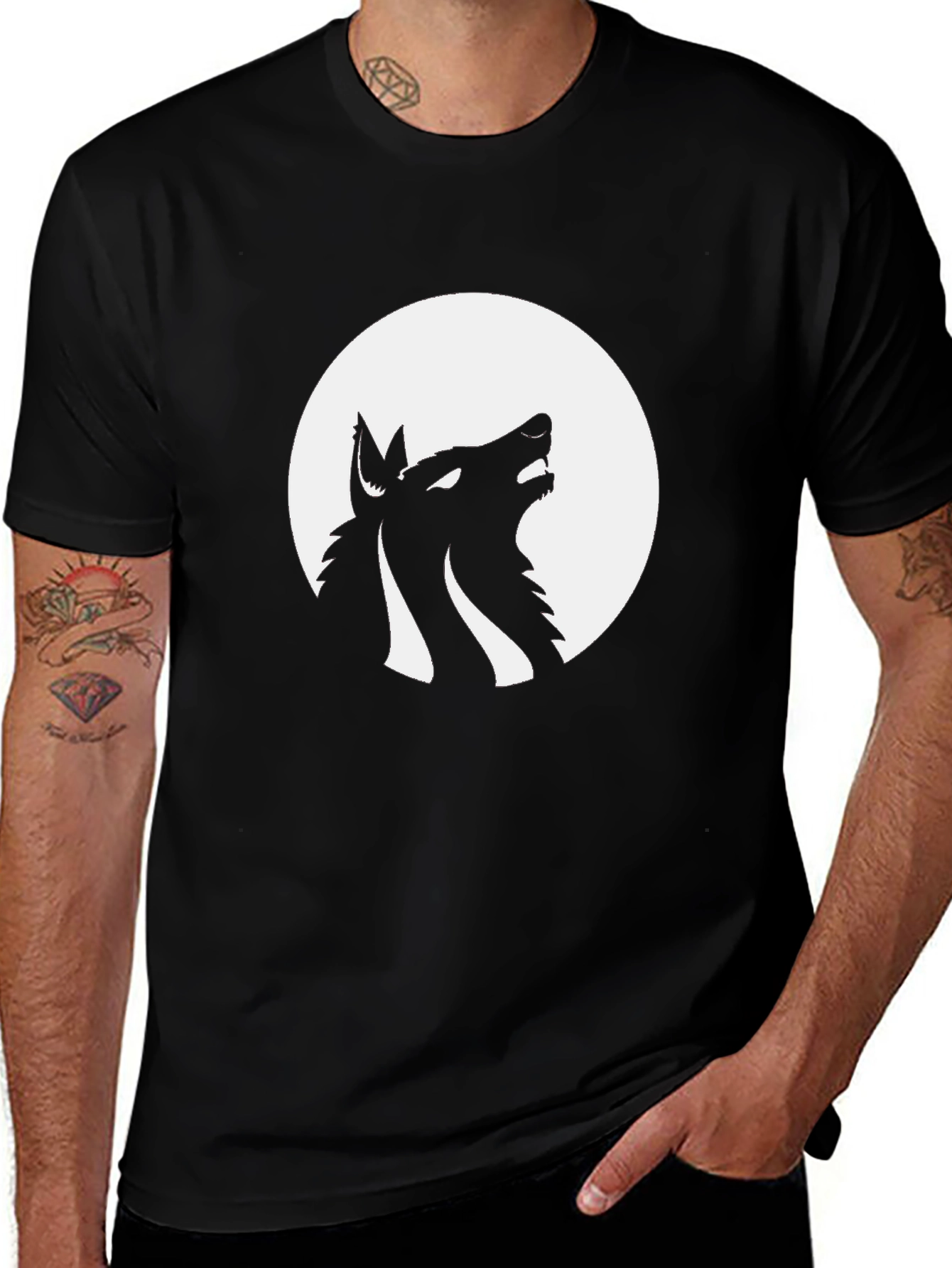 Wolf Howling at Moon Graphic Tee - Black Cotton Blend