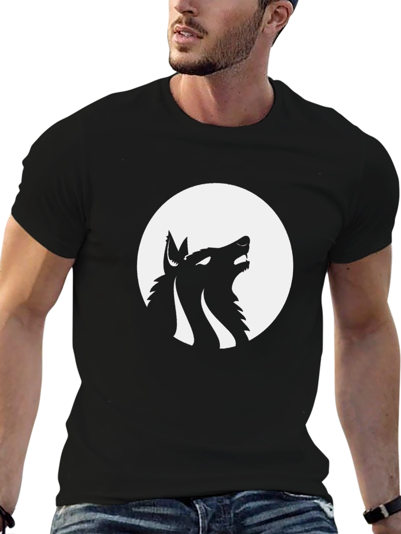 Wolf Howling at Moon Graphic Tee - Black Cotton Blend