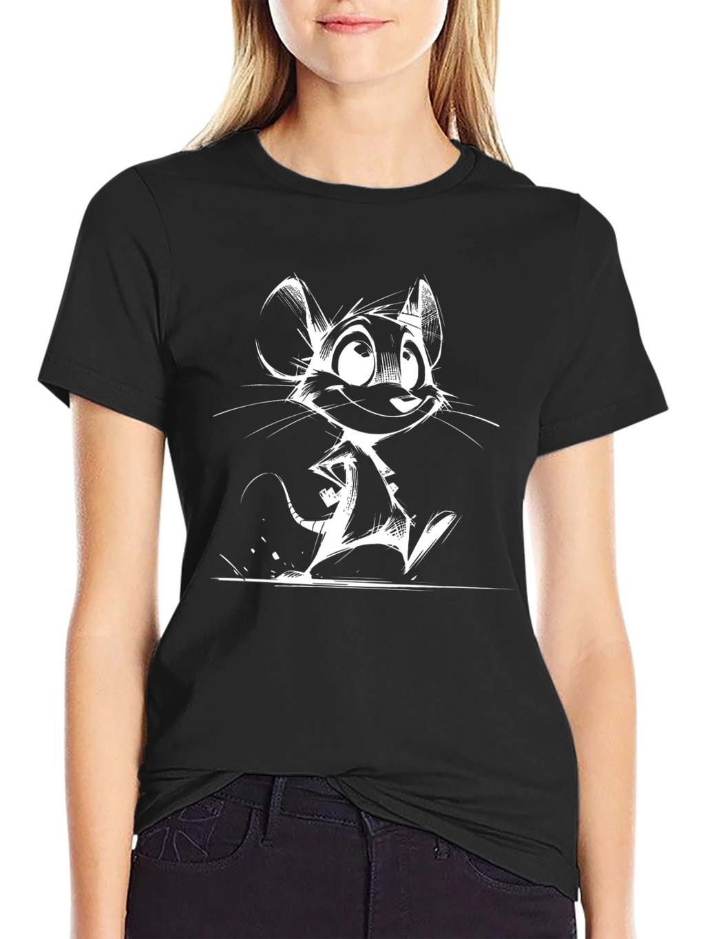 Whimsical Cartoon Mouse Graphic Tee - Black