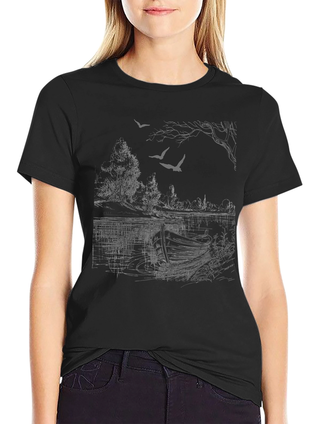 Black Graphic Tee - Lakeside Scene