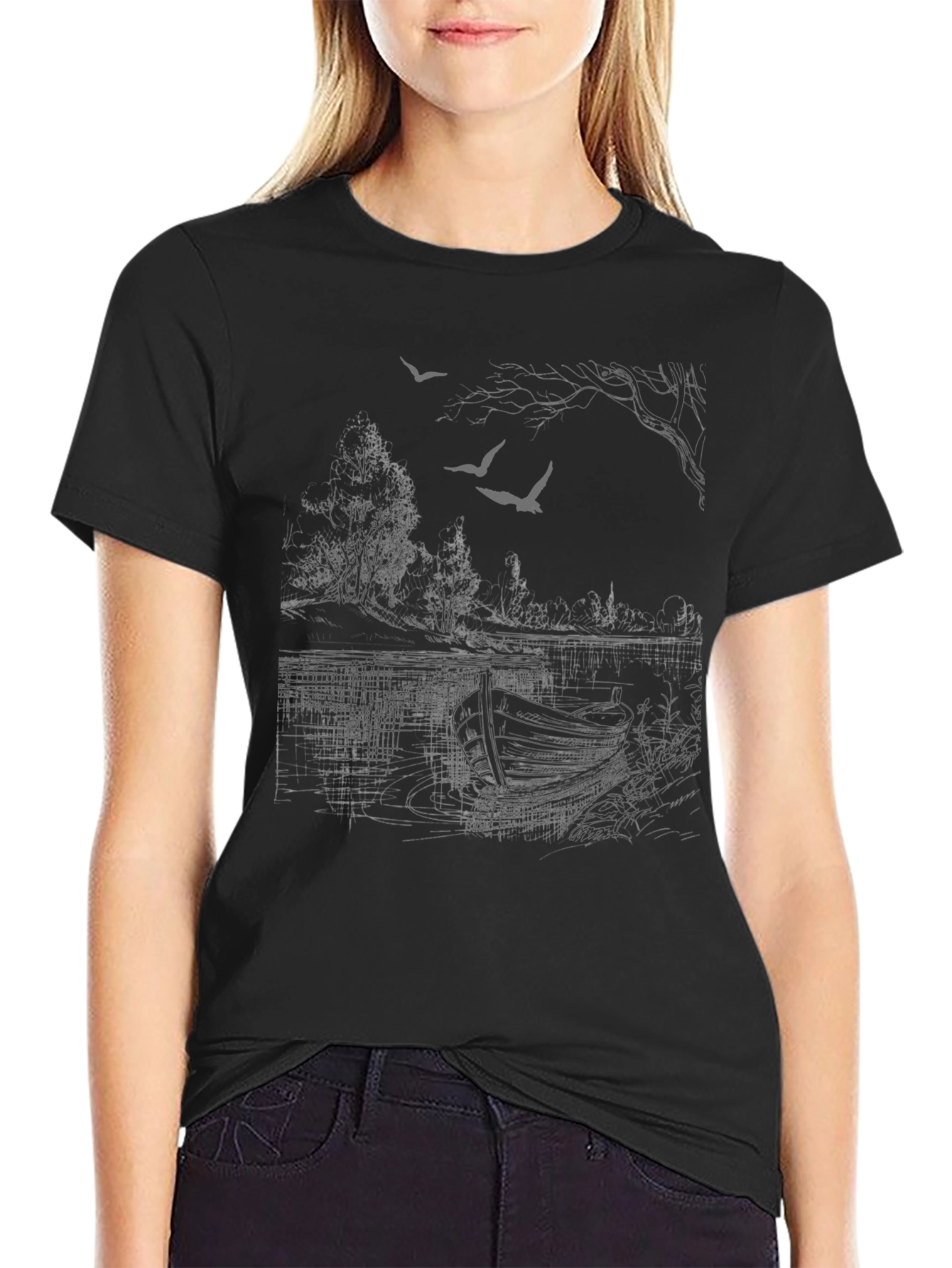 Black Graphic Tee - Lakeside Scene