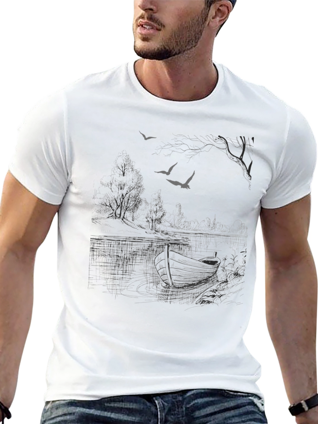 Black Graphic Tee - Lakeside Scene