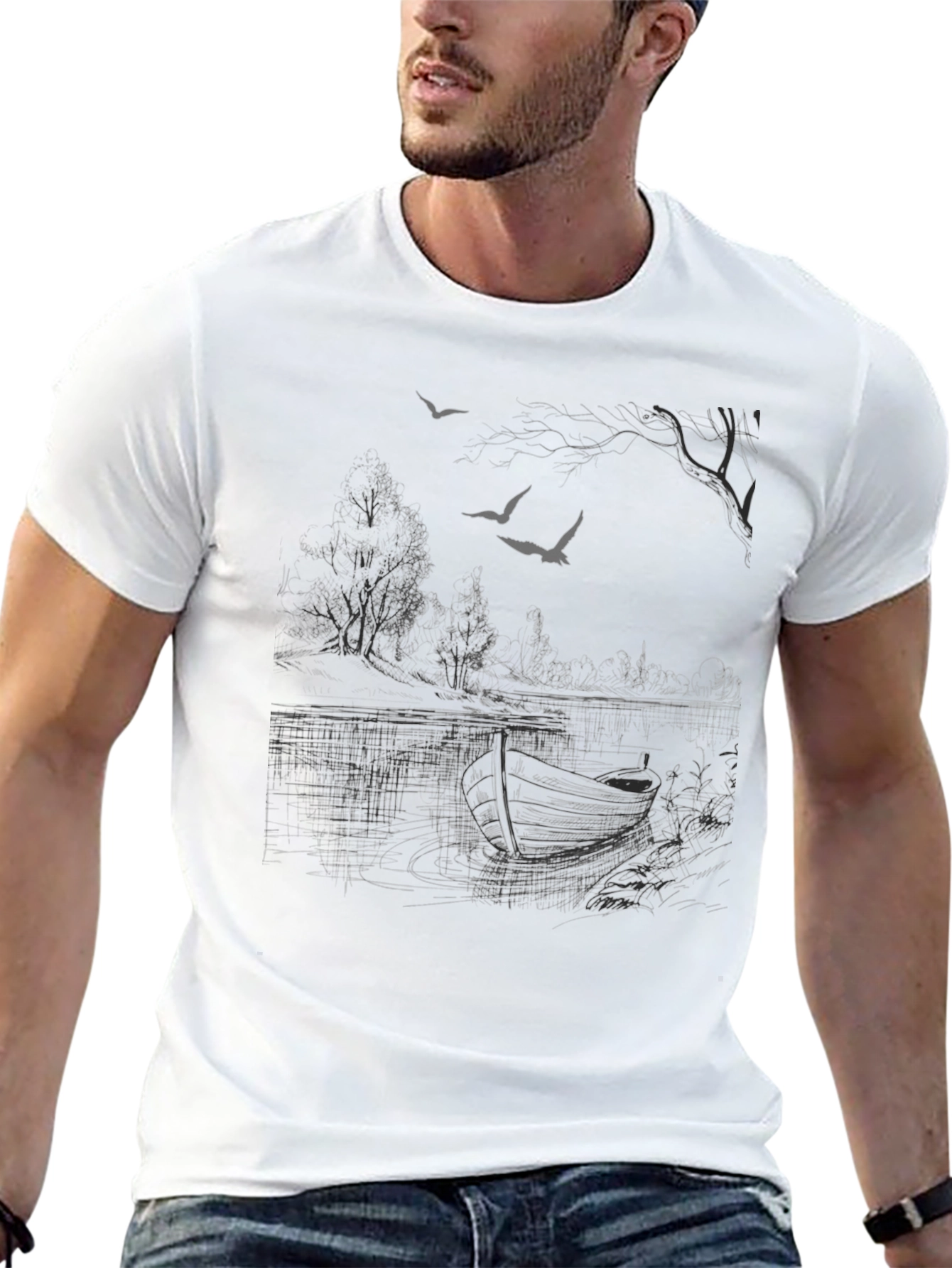 Black Graphic Tee - Lakeside Scene