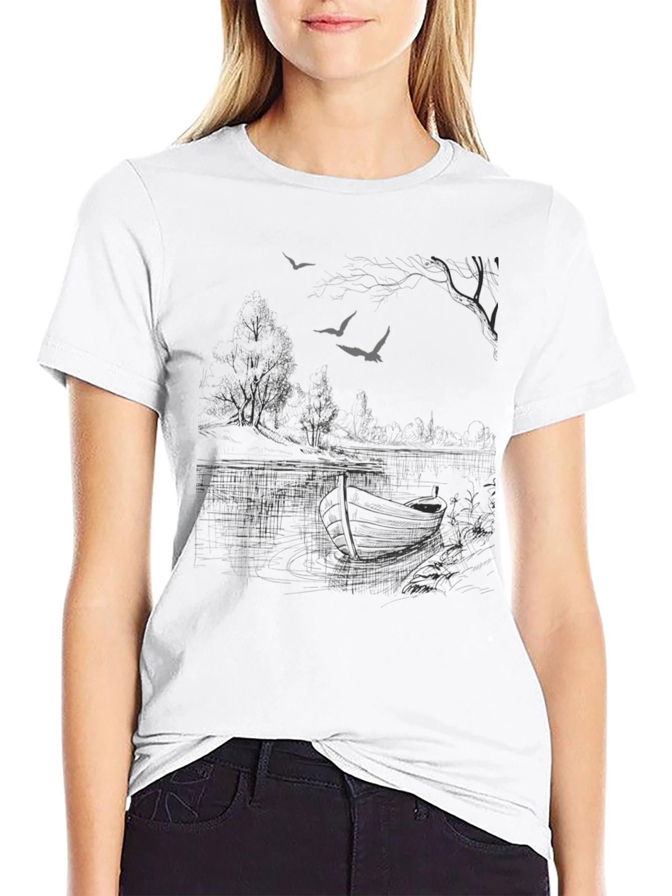 Black Graphic Tee - Lakeside Scene