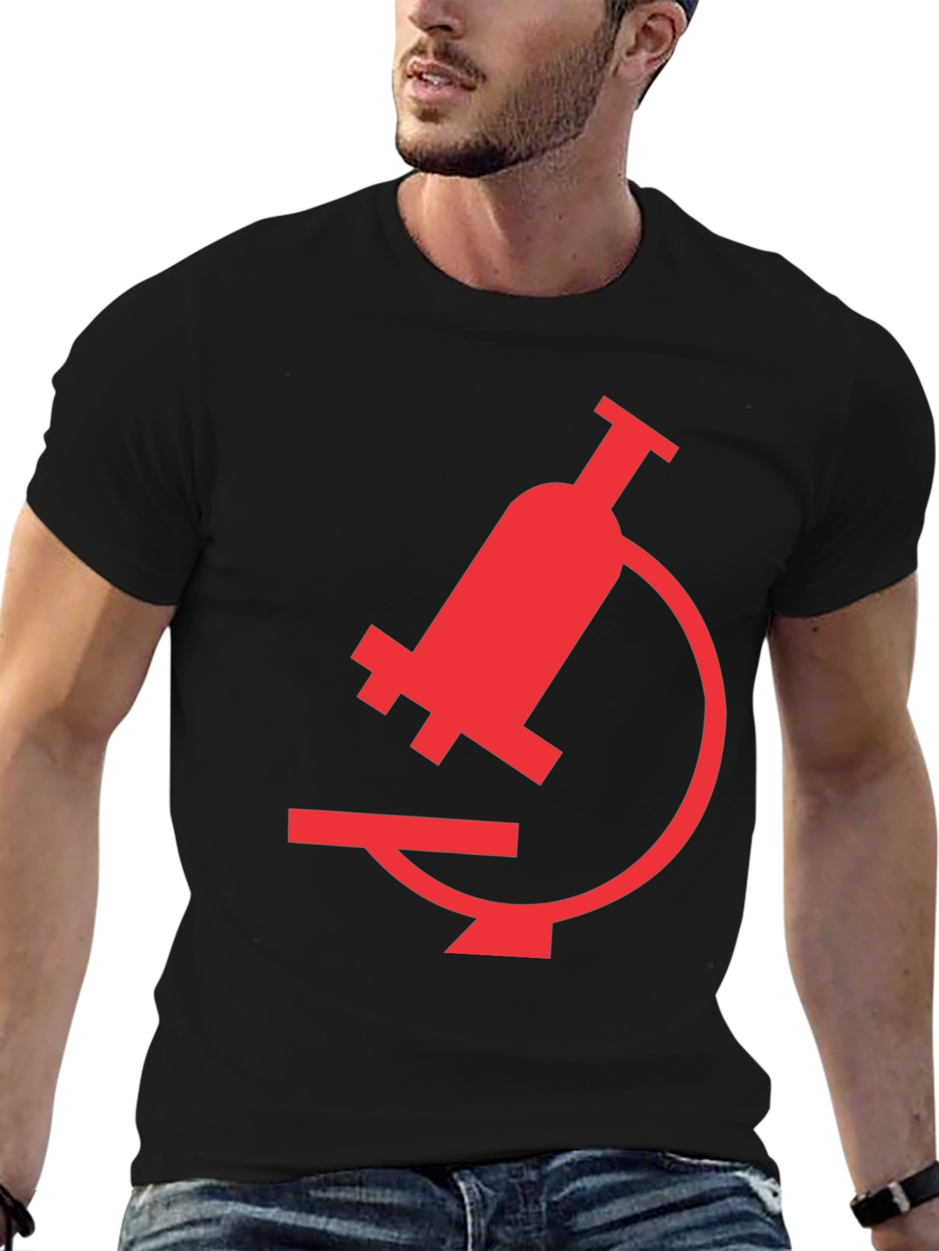 Black T-Shirt with Red Microscope Graphic