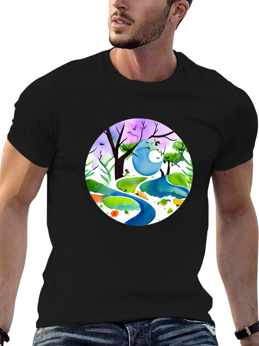 Nature Illustration Graphic Tee - Soft Black Cotton