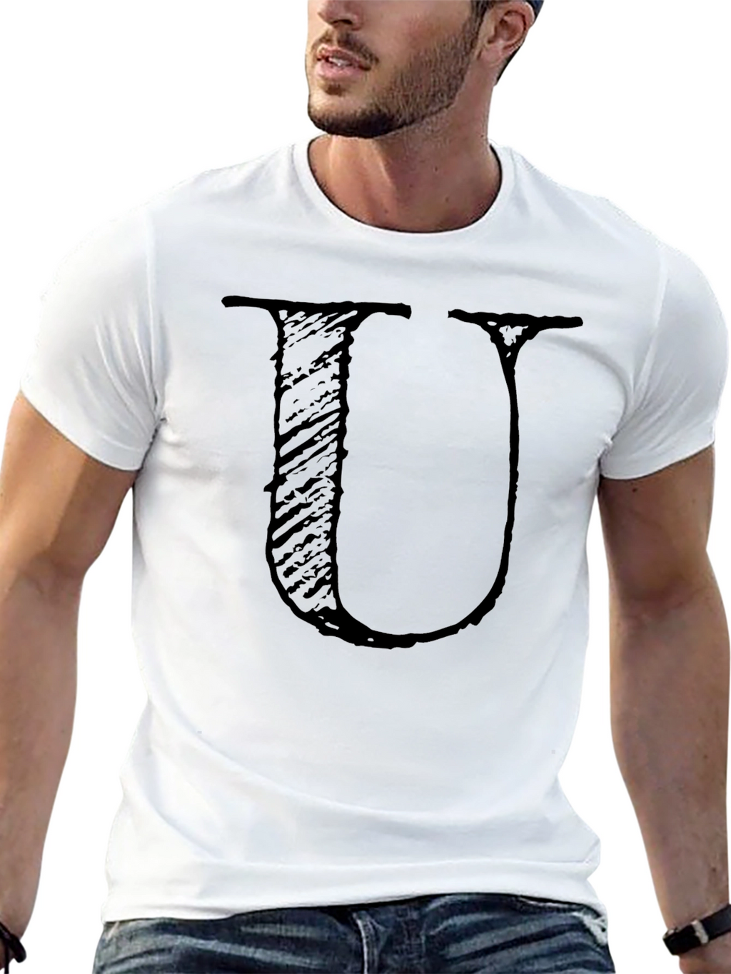 Black T-Shirt with Distressed Letter U Design