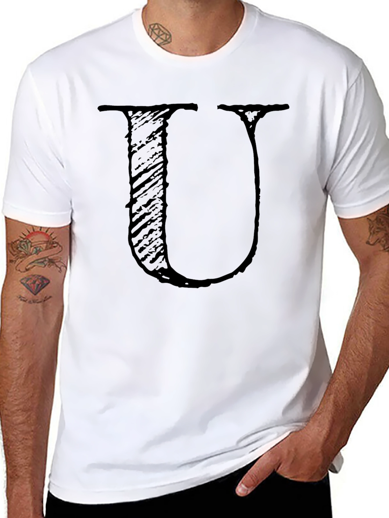 Black T-Shirt with Distressed Letter U Design