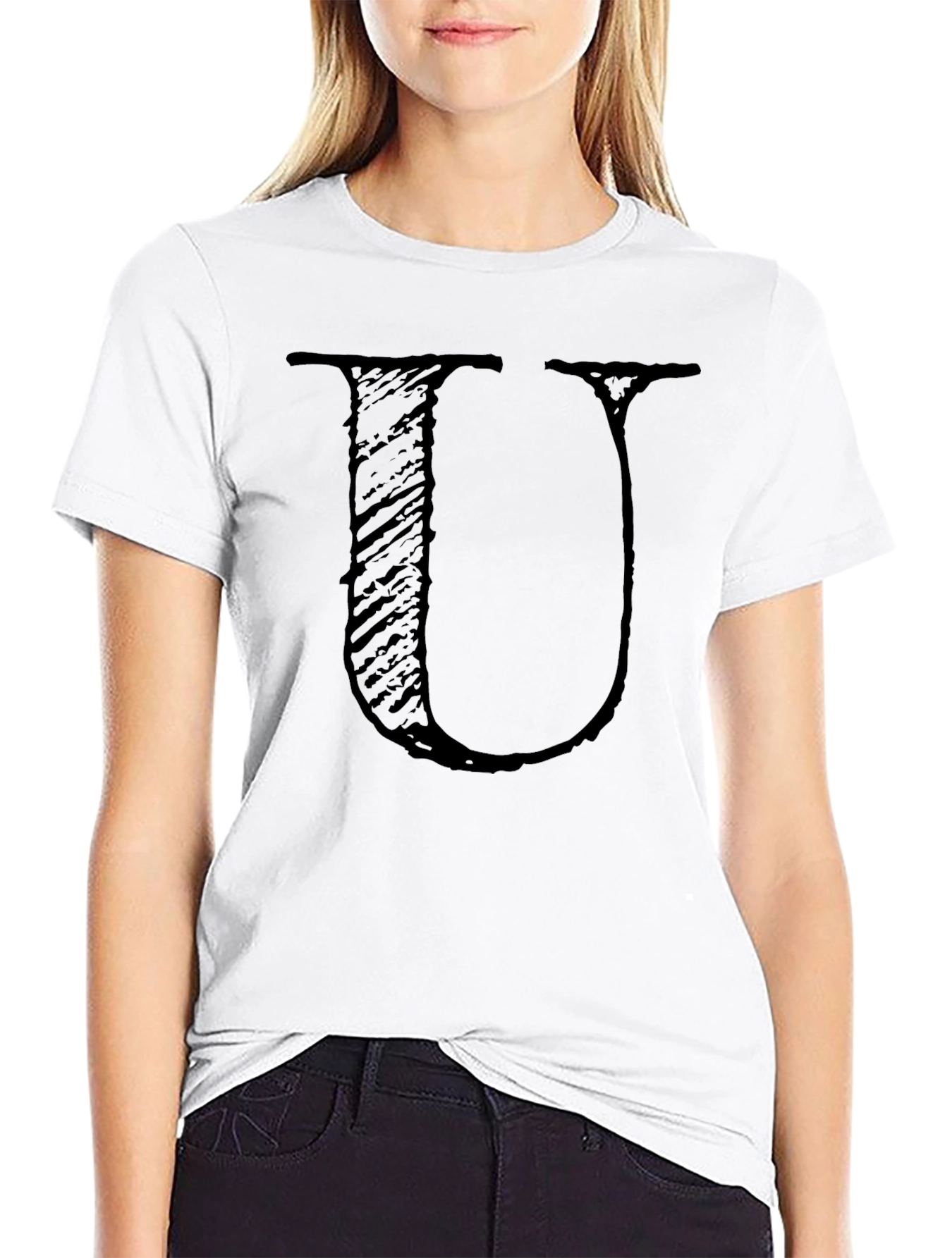 Black T-Shirt with Distressed Letter U Design