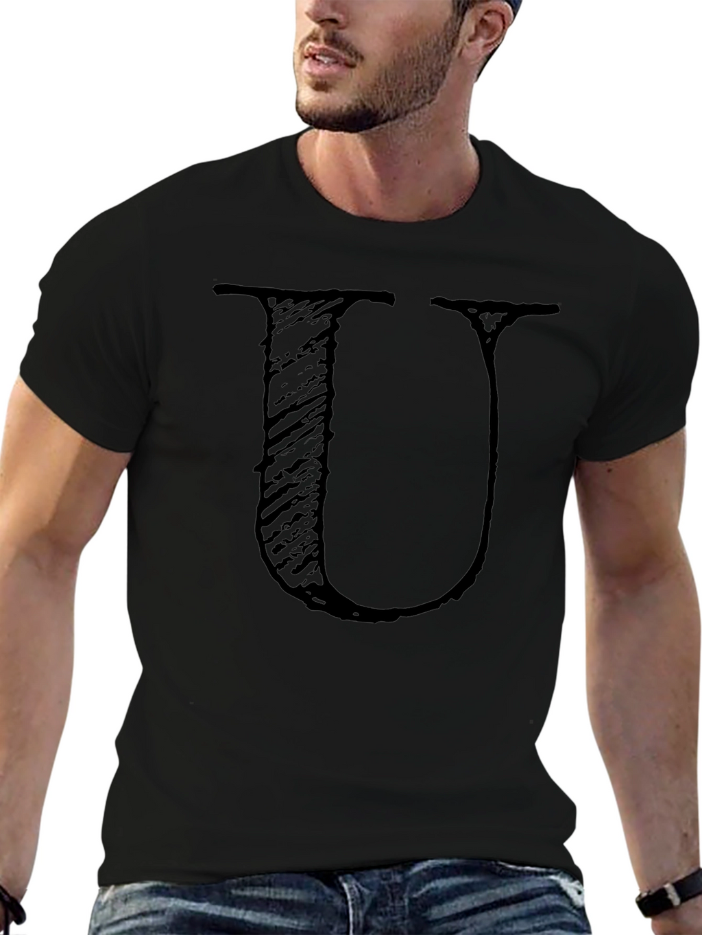 Black T-Shirt with Distressed Letter U Design