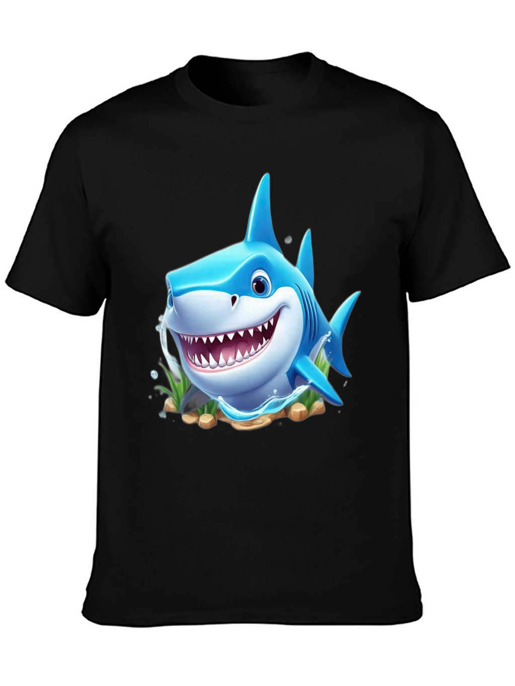 Cartoon Shark Graphic Tee - Black Cotton Blend