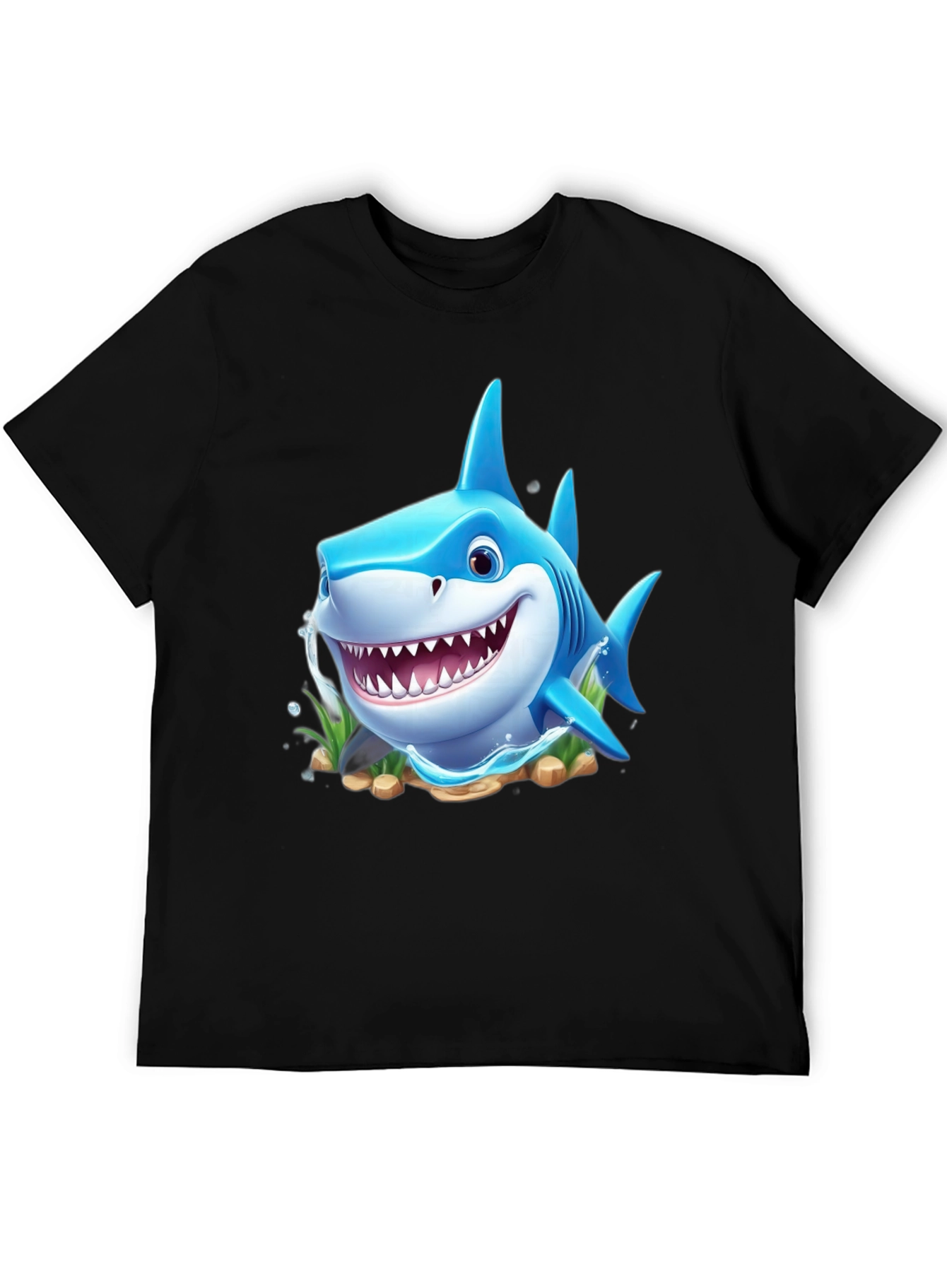 Cartoon Shark Graphic Tee - Black Cotton Blend