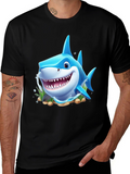 Cartoon Shark Graphic Tee - Black Cotton Blend