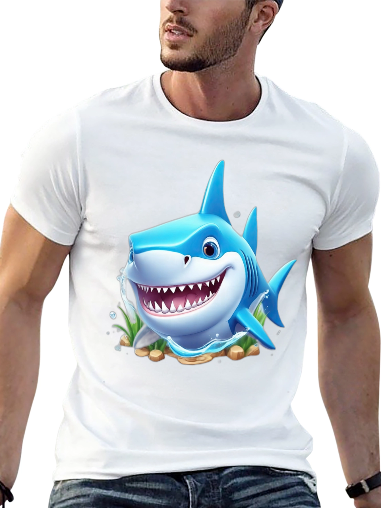 Cartoon Shark Graphic Tee - Black Cotton Blend