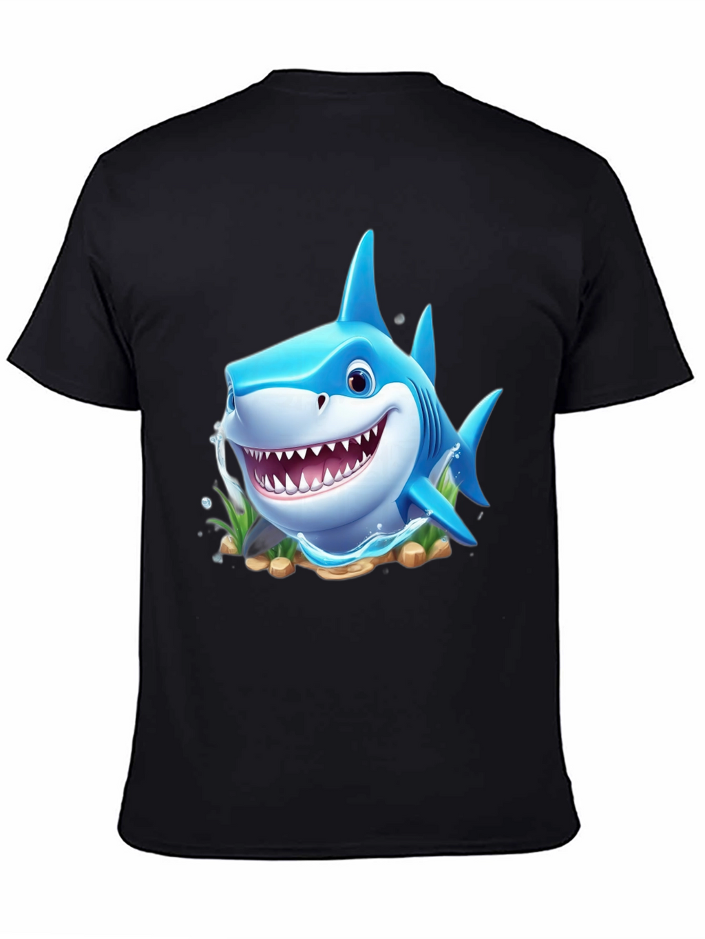 Cartoon Shark Graphic Tee - Black Cotton Blend