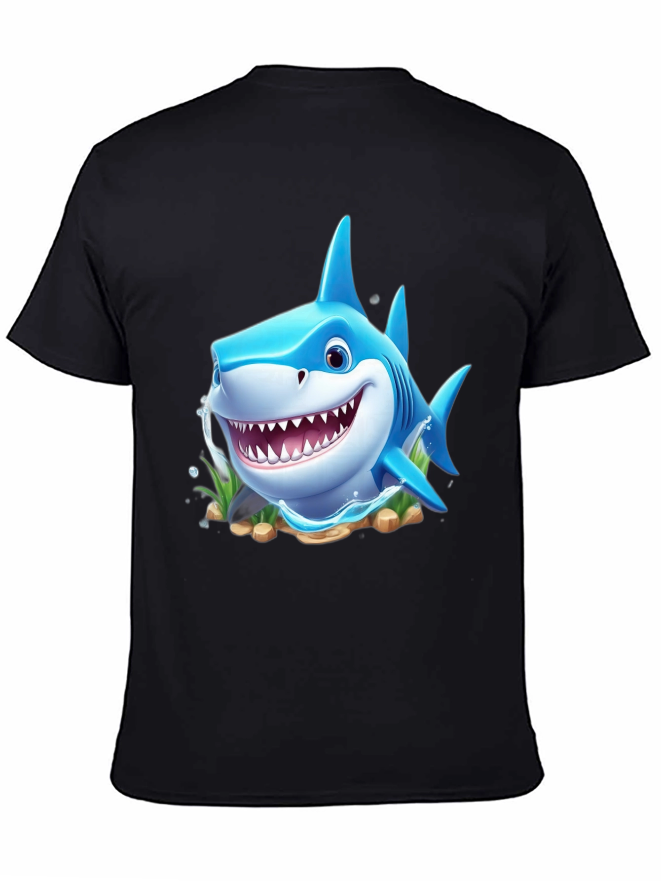 Cartoon Shark Graphic Tee - Black Cotton Blend
