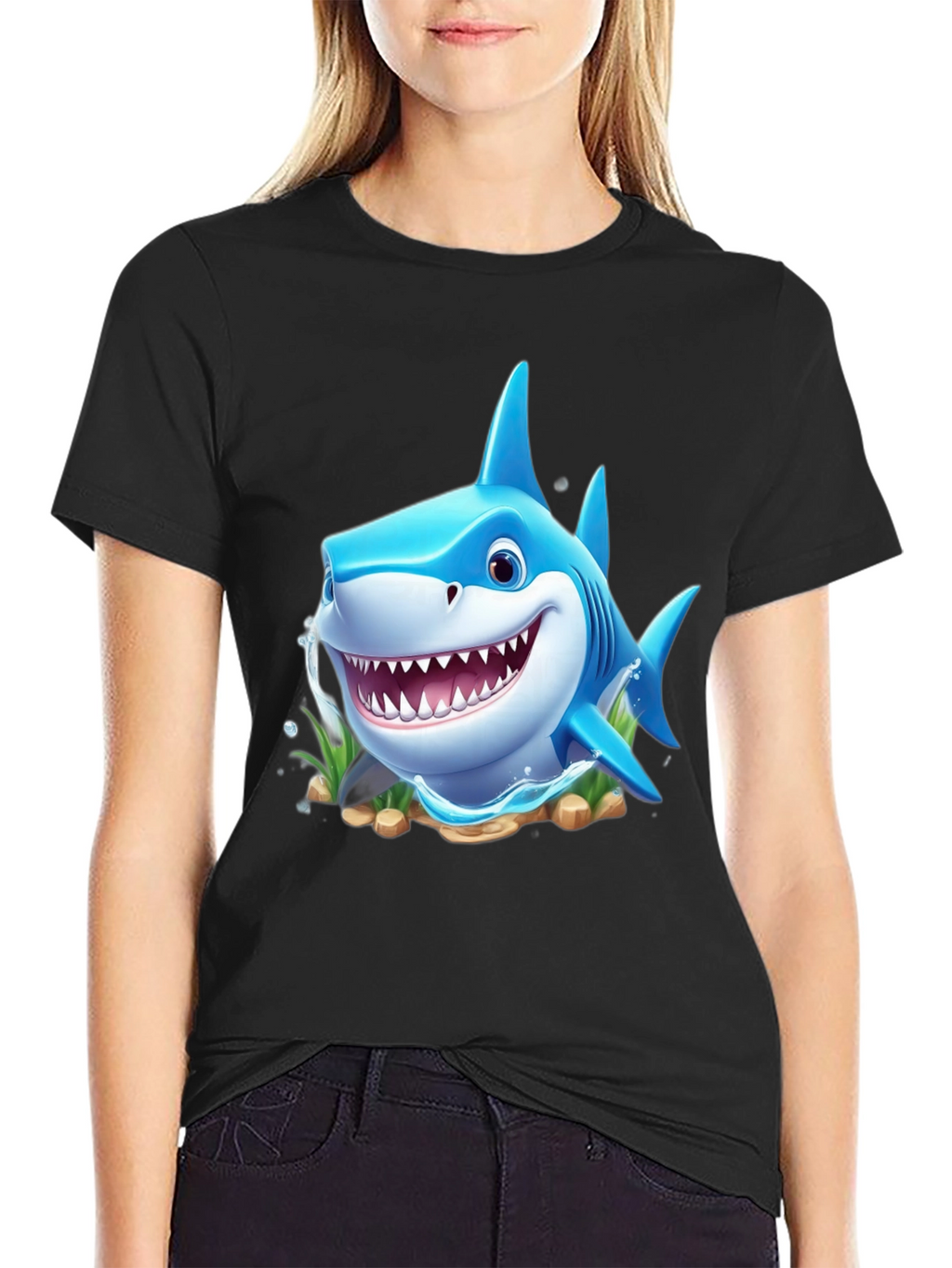 Cartoon Shark Graphic Tee - Black Cotton Blend