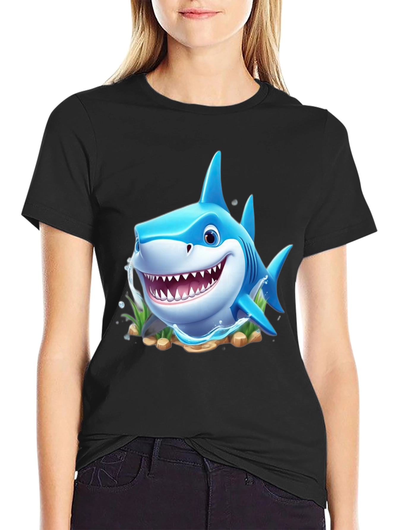 Cartoon Shark Graphic Tee - Black Cotton Blend