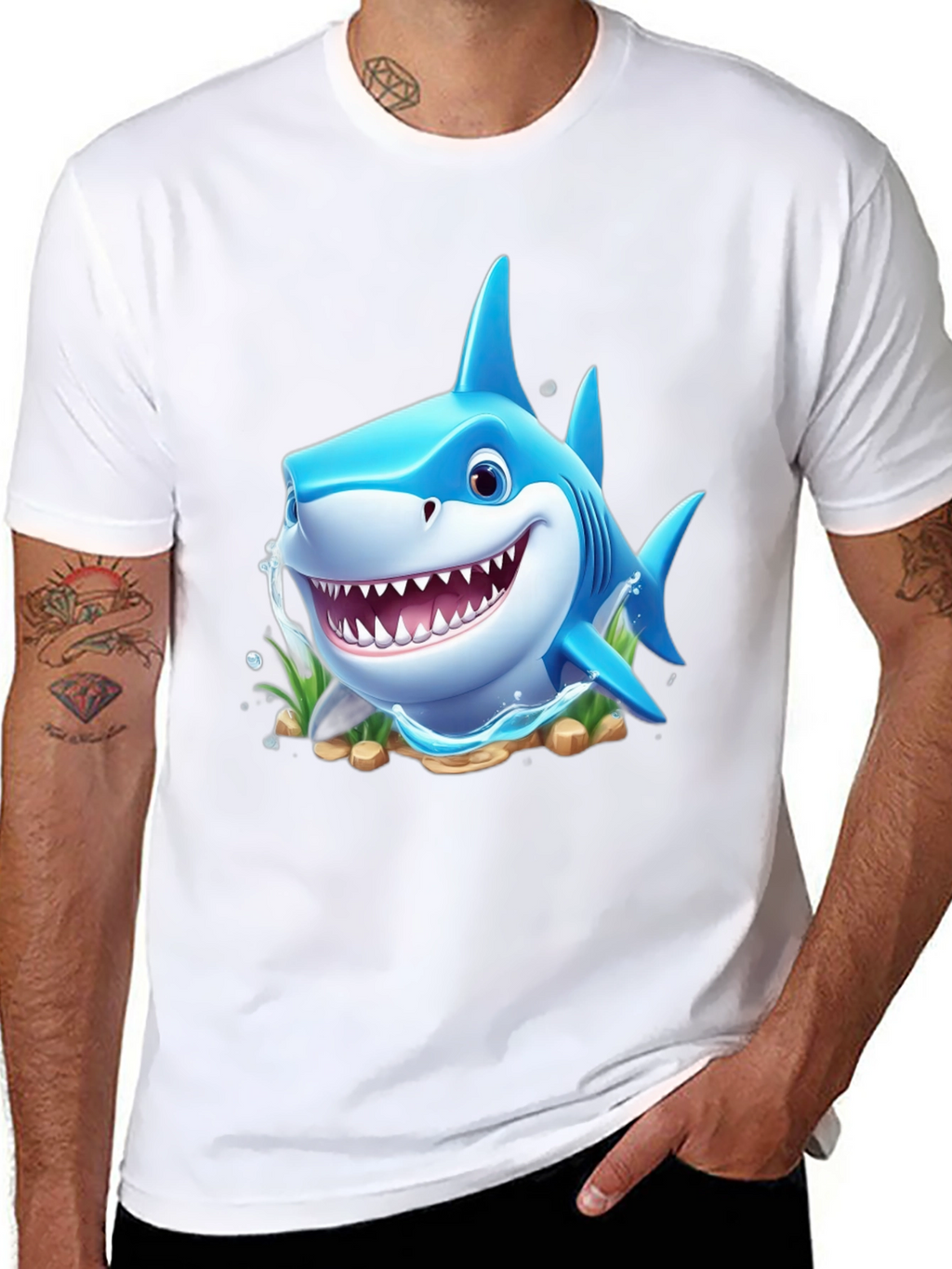 Cartoon Shark Graphic Tee - Black Cotton Blend