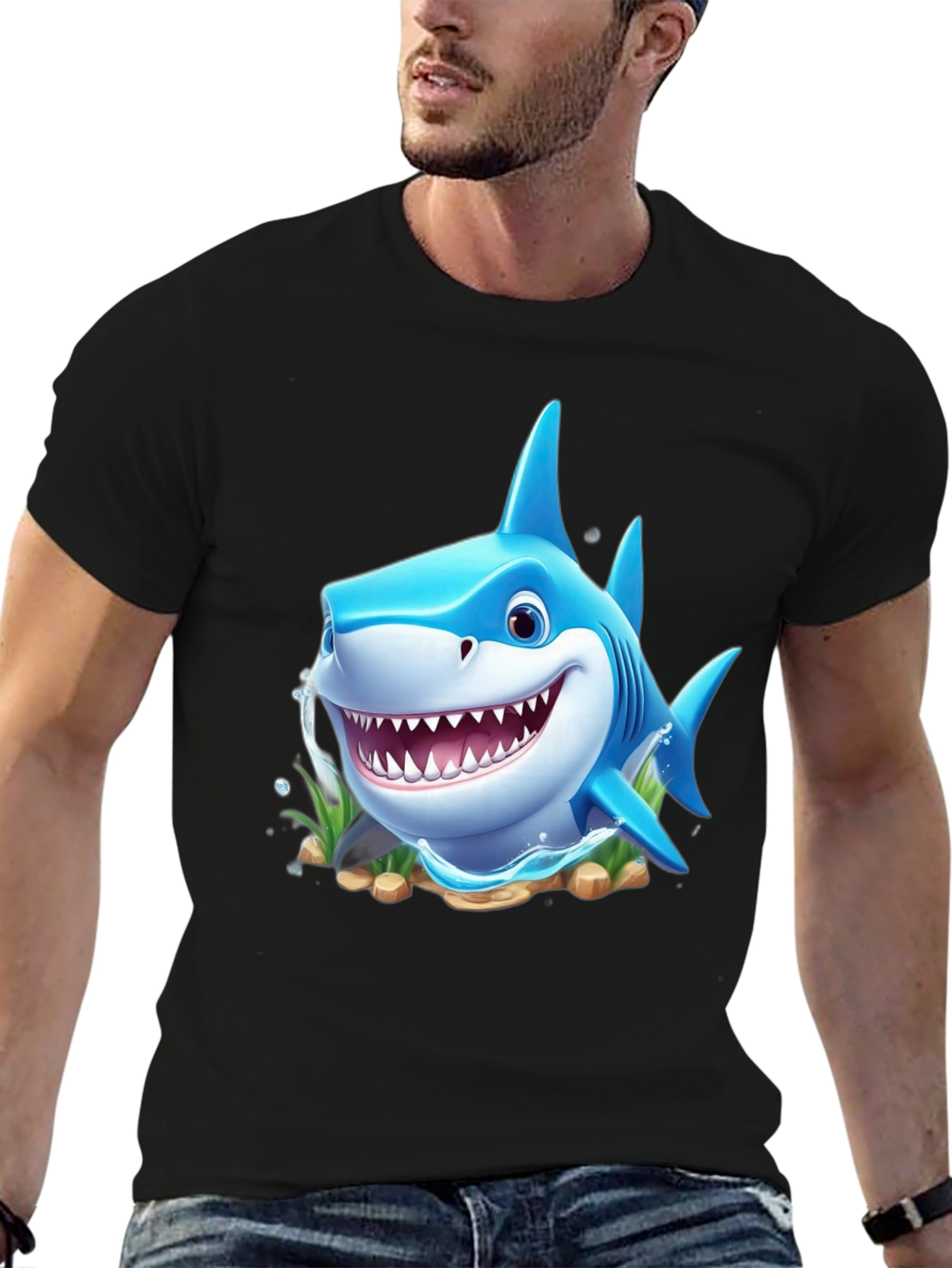Cartoon Shark Graphic Tee - Black Cotton Blend