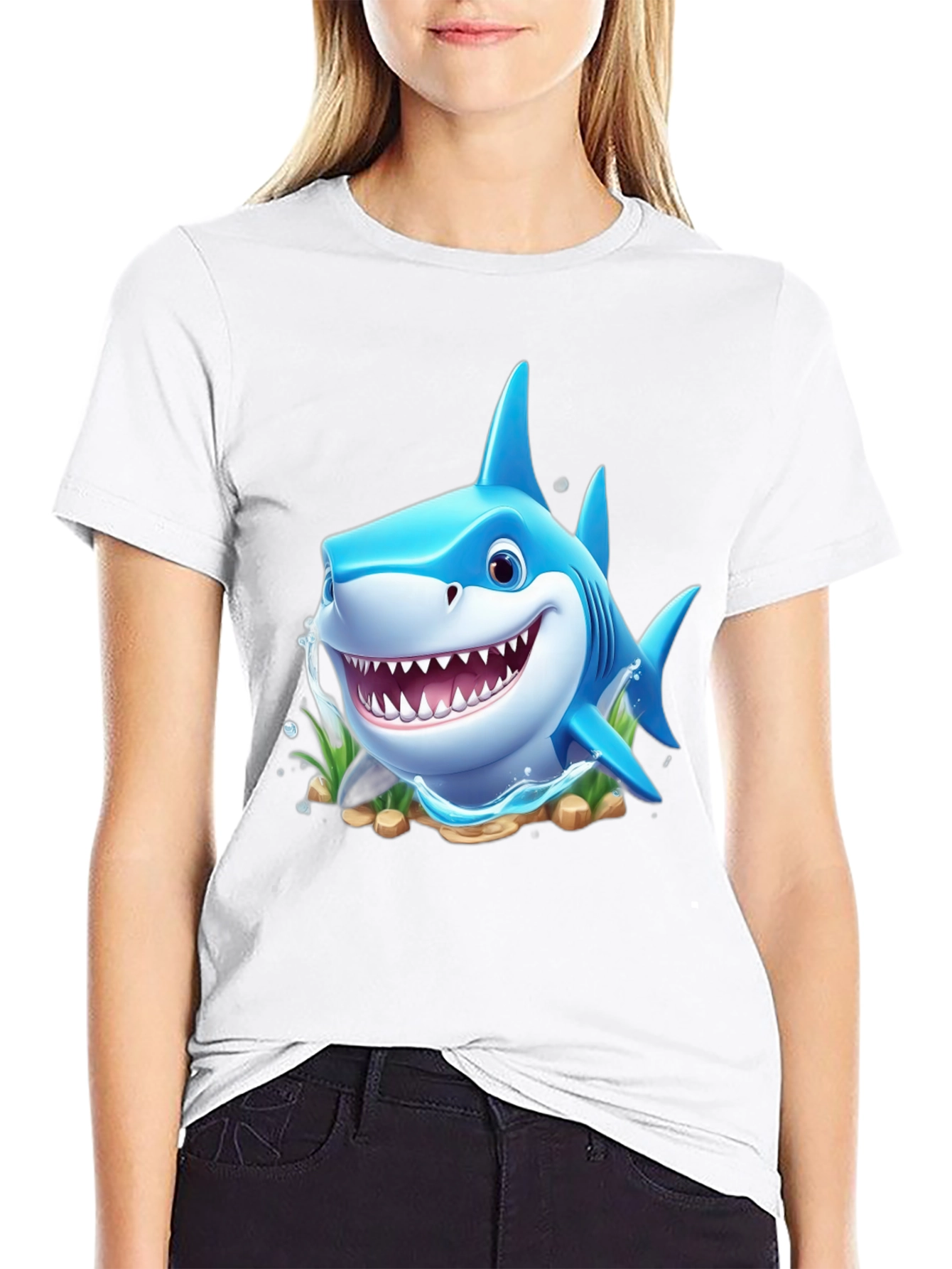 Cartoon Shark Graphic Tee - Black Cotton Blend