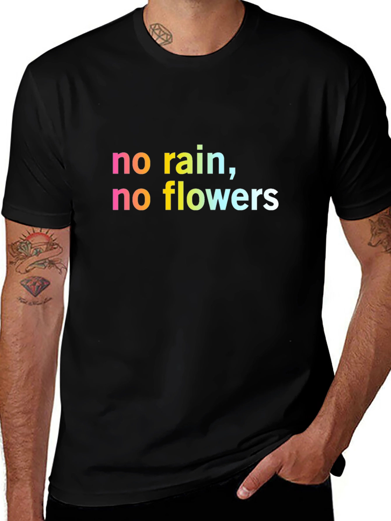 Inspirational No Rain No Flowers Black T-Shirt