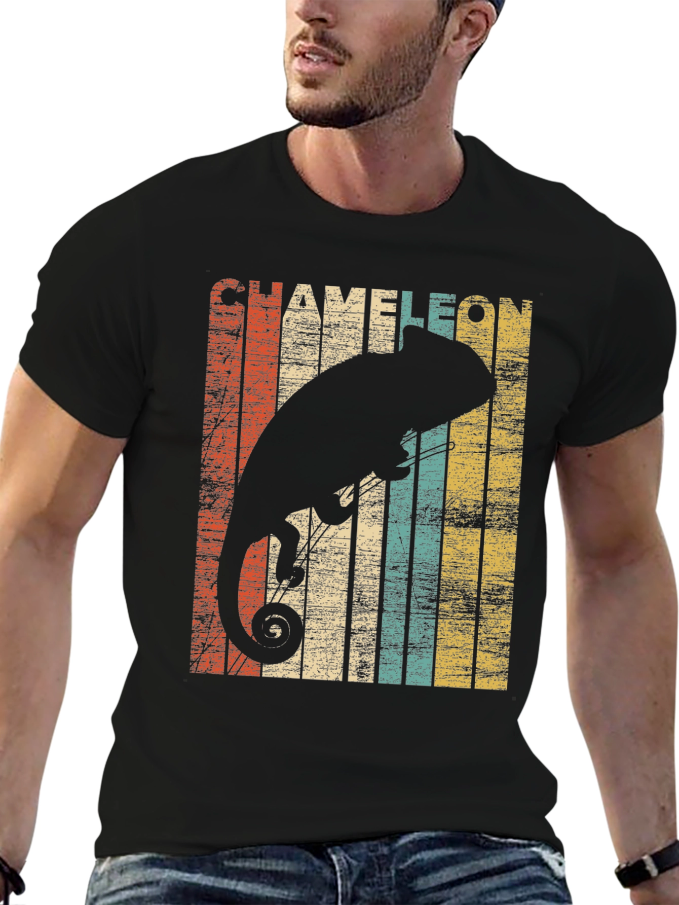 Retro Chameleon Graphic Tee - Stylish Mens Black T-Shirt