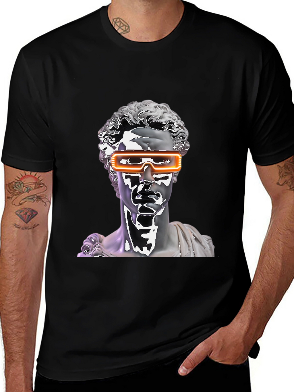 Statue Head with Futuristic Glasses Black T-Shirt