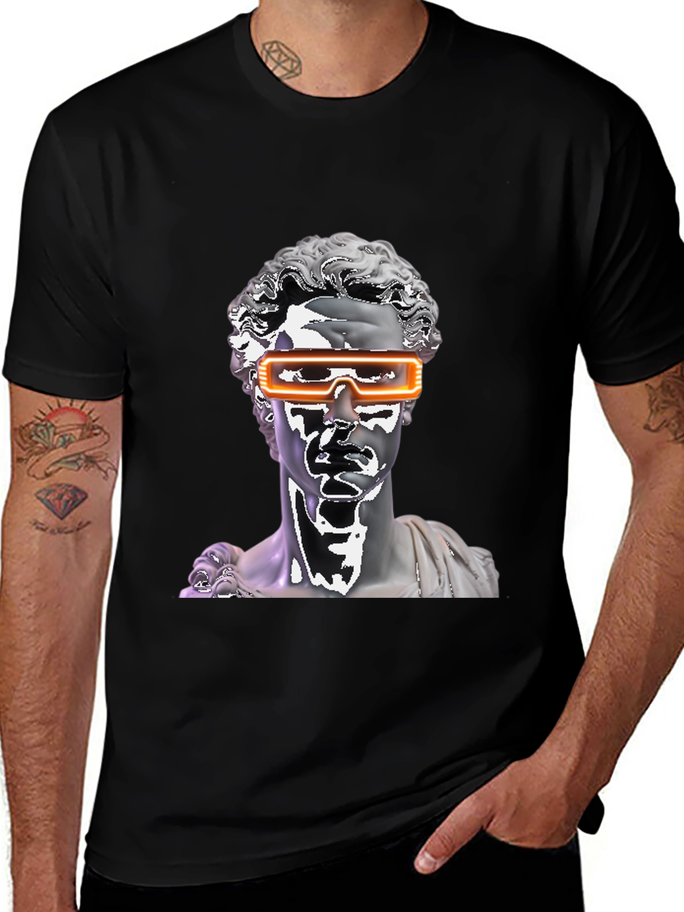 Statue Head with Futuristic Glasses Black T-Shirt